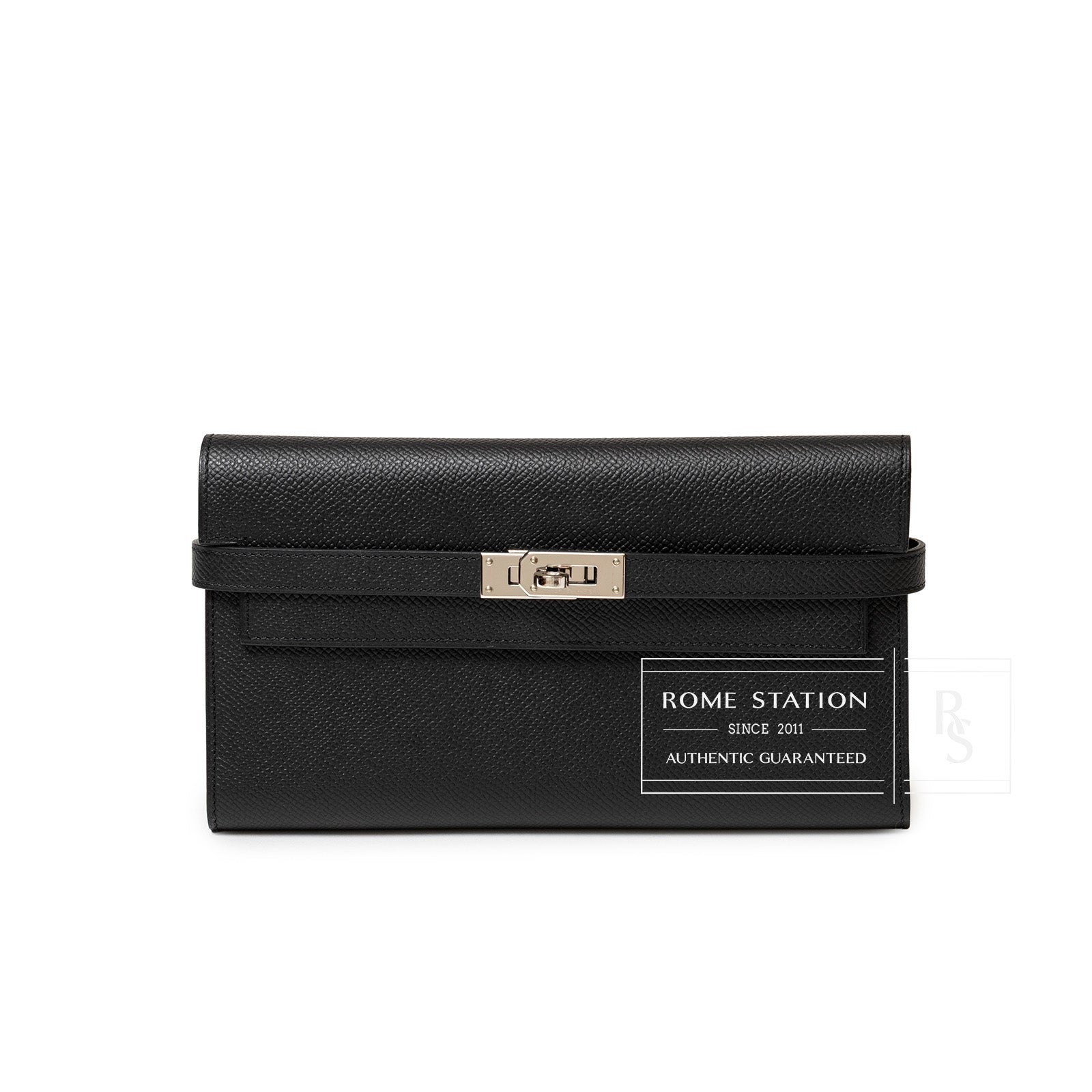 Front view of Hermès Kelly Long Wallet Black Epsom Palladium Hardware showing clasp and textured leather