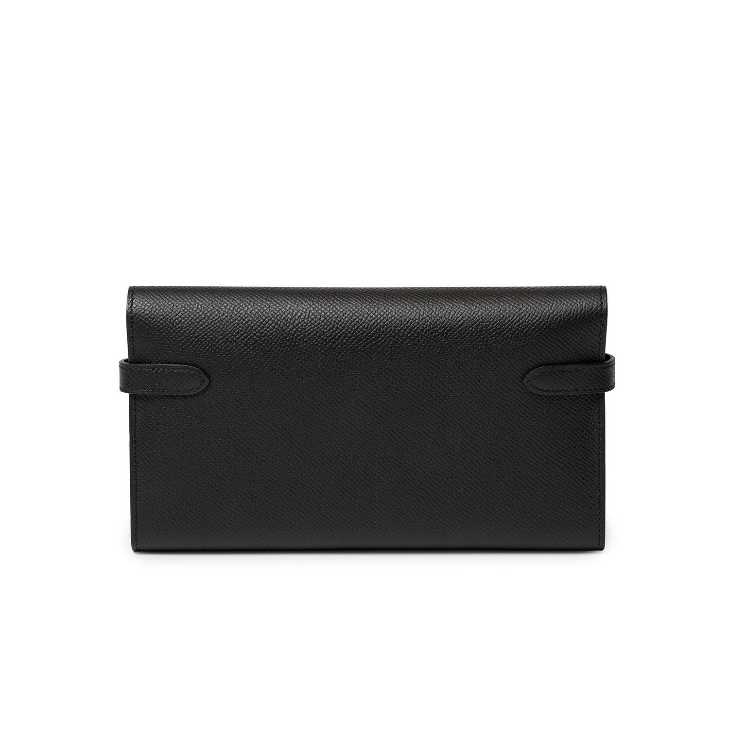 Back view of Hermès Kelly Long Wallet Black Epsom Palladium Hardware showing textured leather finish