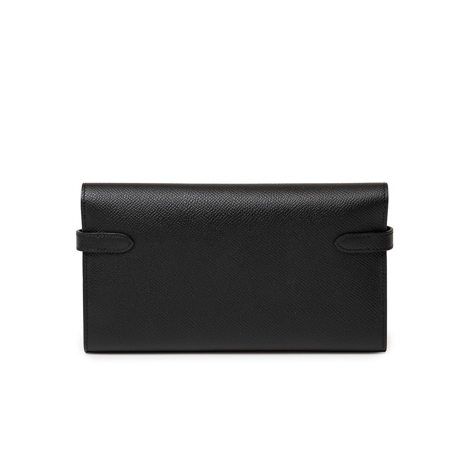 Back view of Hermès Kelly Long Wallet Black Epsom Palladium Hardware showing textured leather finish