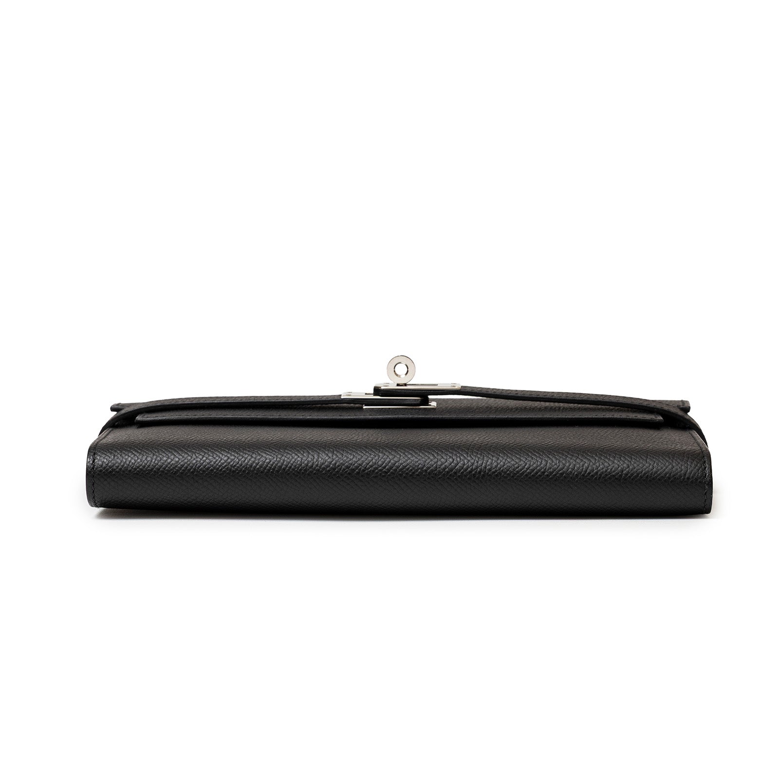 Hermès Kelly Long Wallet Black Epsom Palladium Hardware flat side view showing texture and clasp details
