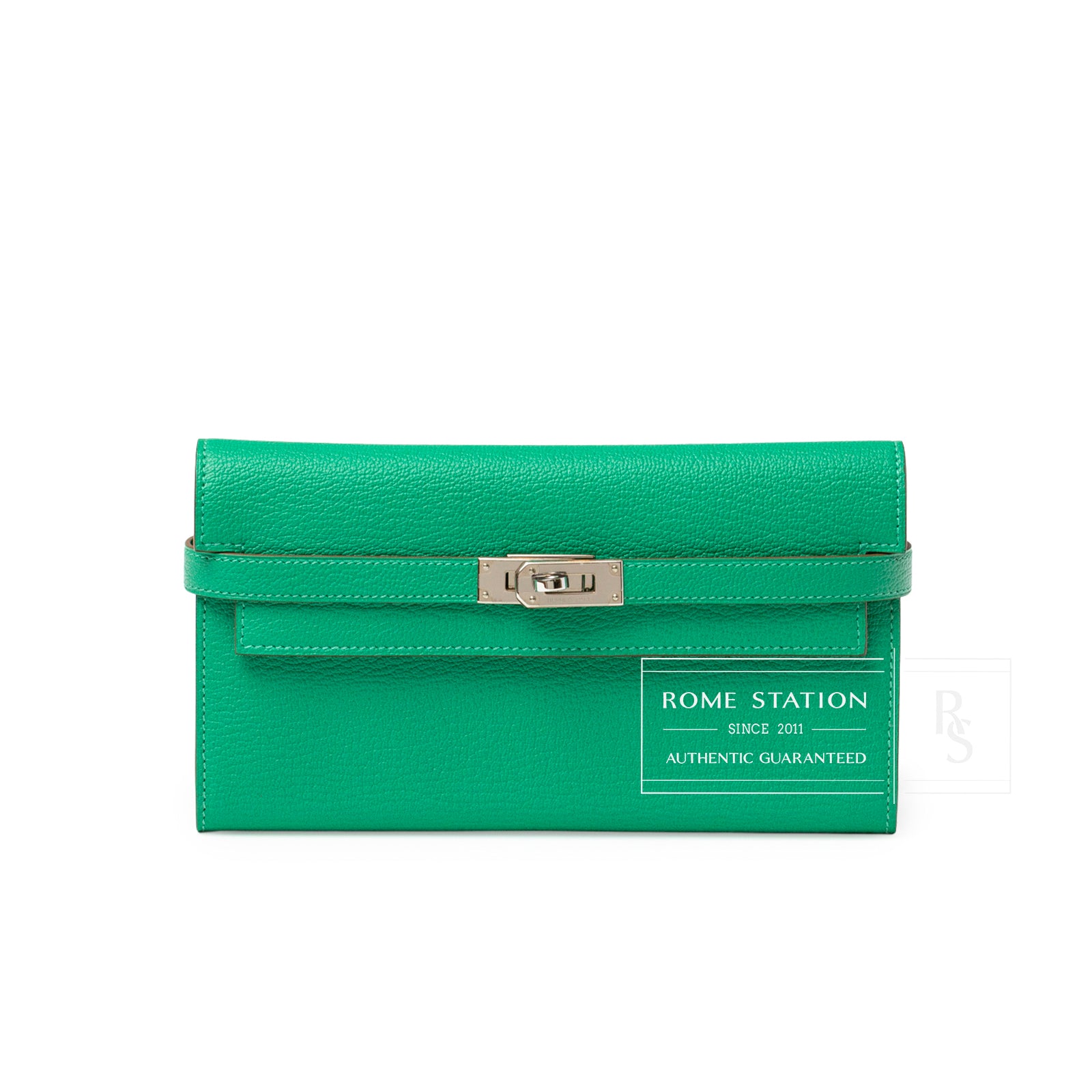 Front view of Hermès Kelly Long Wallet Menthe Chevre Mysore Palladium Hardware showing clasp detail