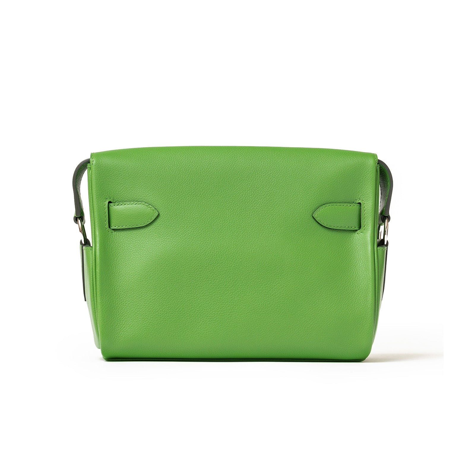 Front view of Hermès Kelly Messenger PM Vert Yucca Evercolor Palladium Hardware with side handles and minimalist design.