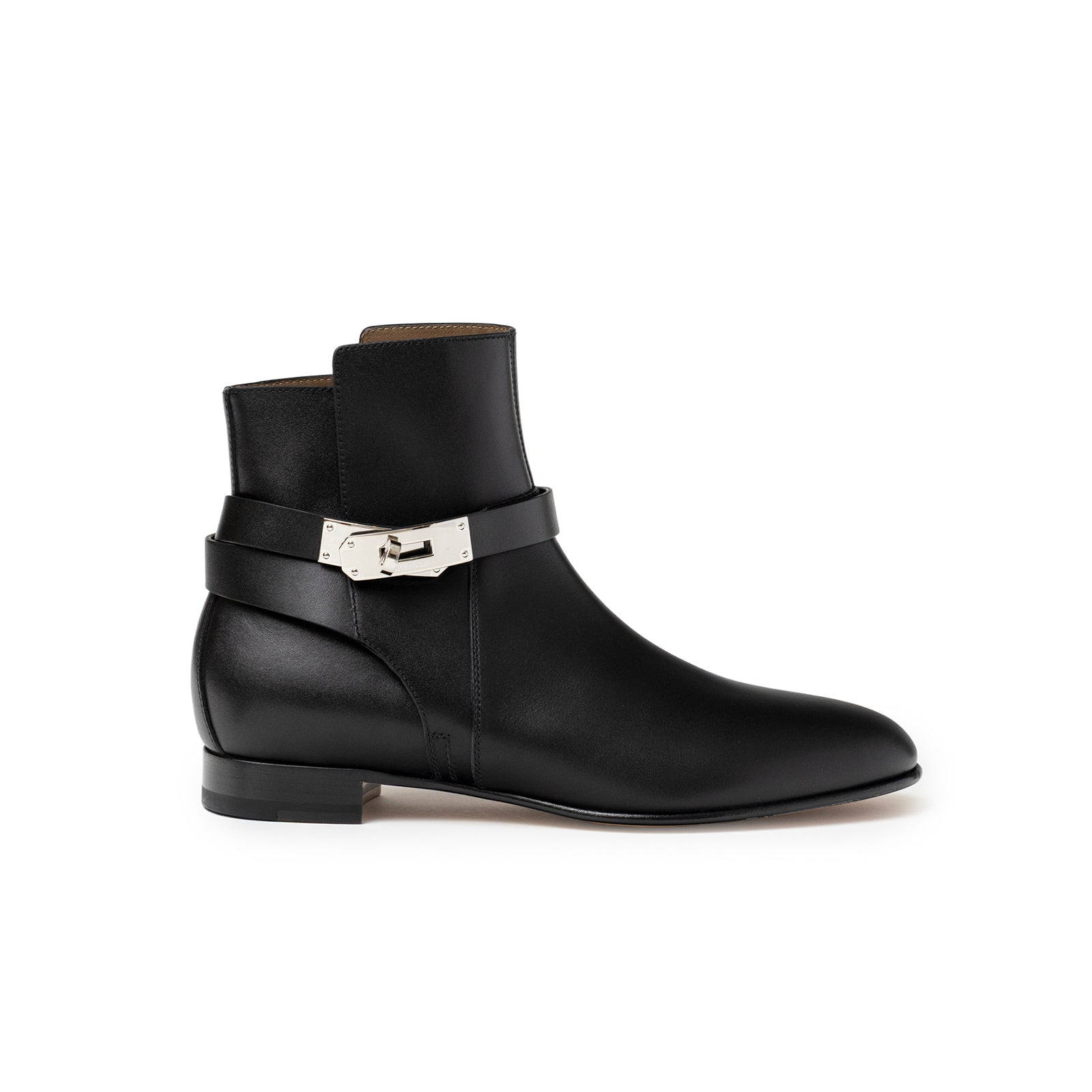 Side view of Hermès Kelly Neo Ankle Boot Black Palladium Plated smooth calf leather with silver buckle detail