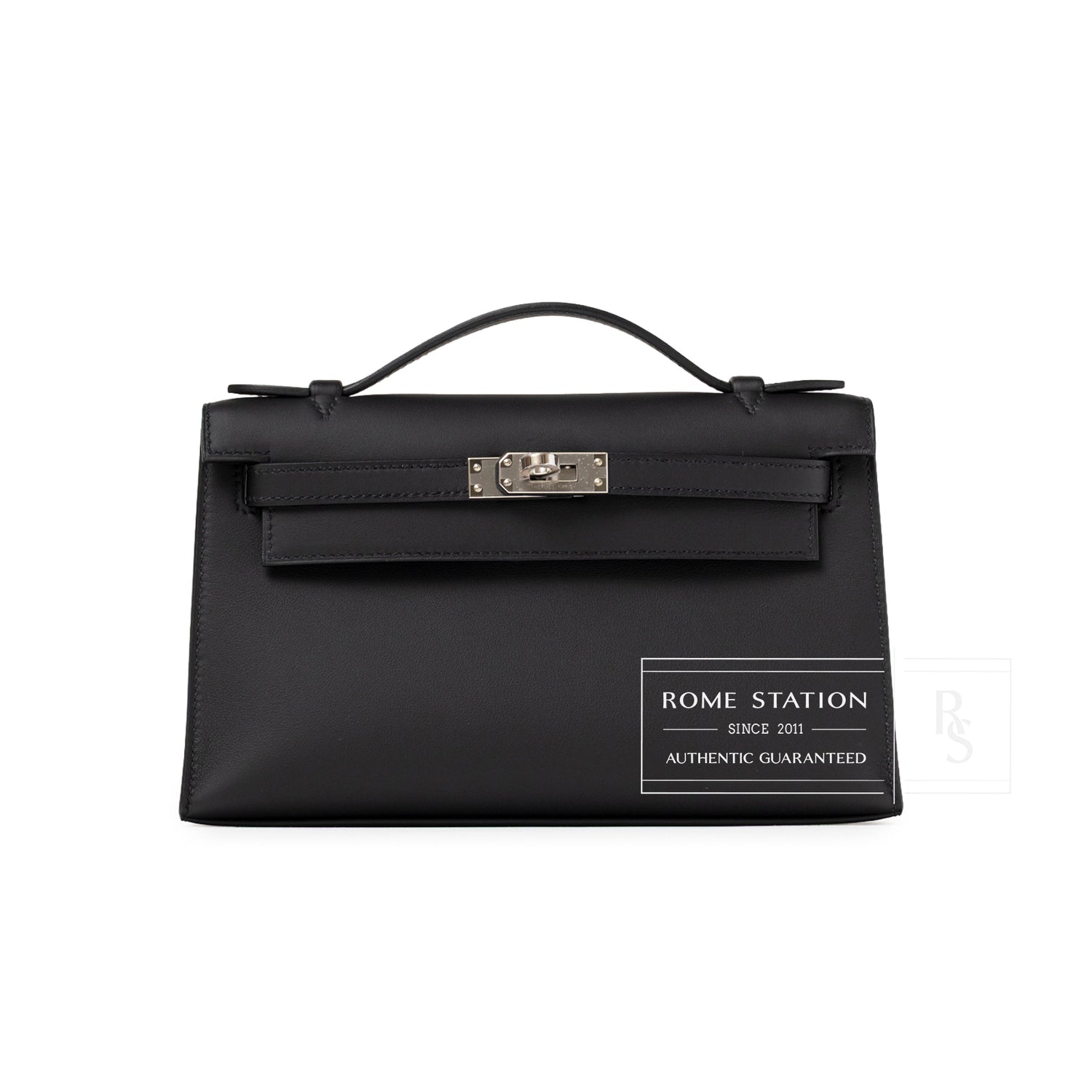 Front view of Hermès Kelly Pochette Black Swift Palladium Hardware with smooth leather and top handle