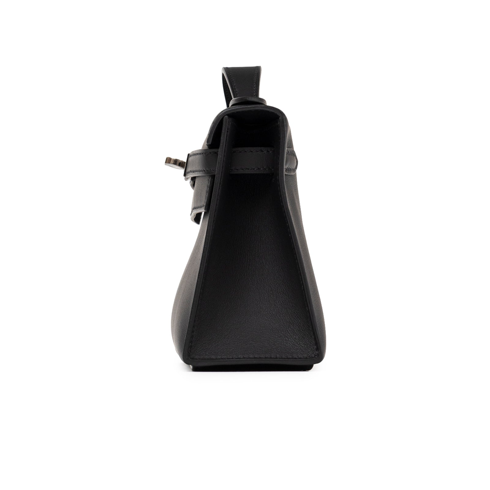 Side profile view of Hermès Kelly Pochette Black Swift Palladium Hardware showing smooth leather finish