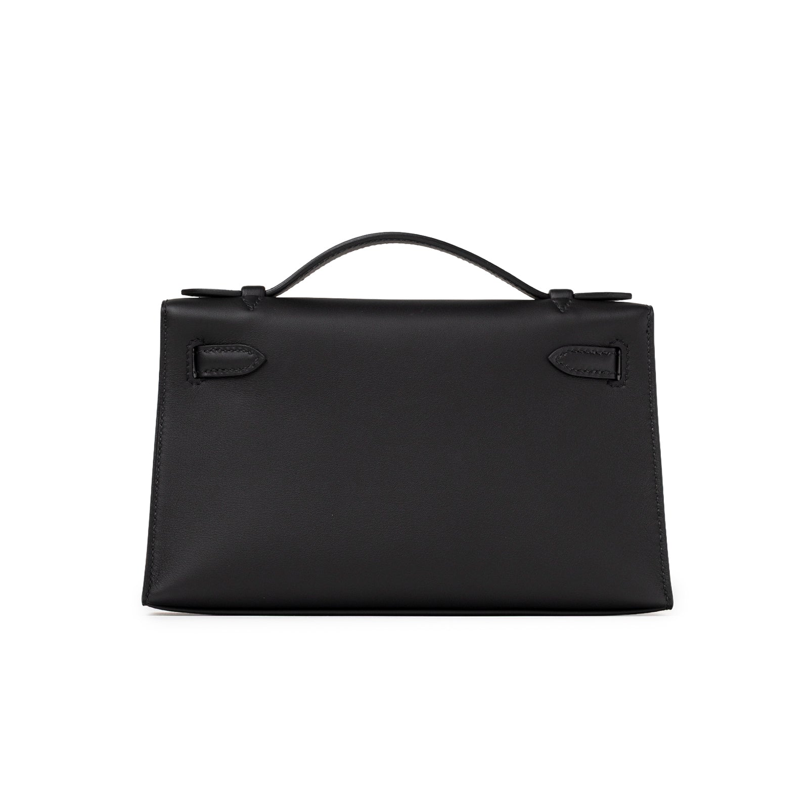 Back view of Hermès Kelly Pochette Black Swift Palladium Hardware with smooth leather and single top handle