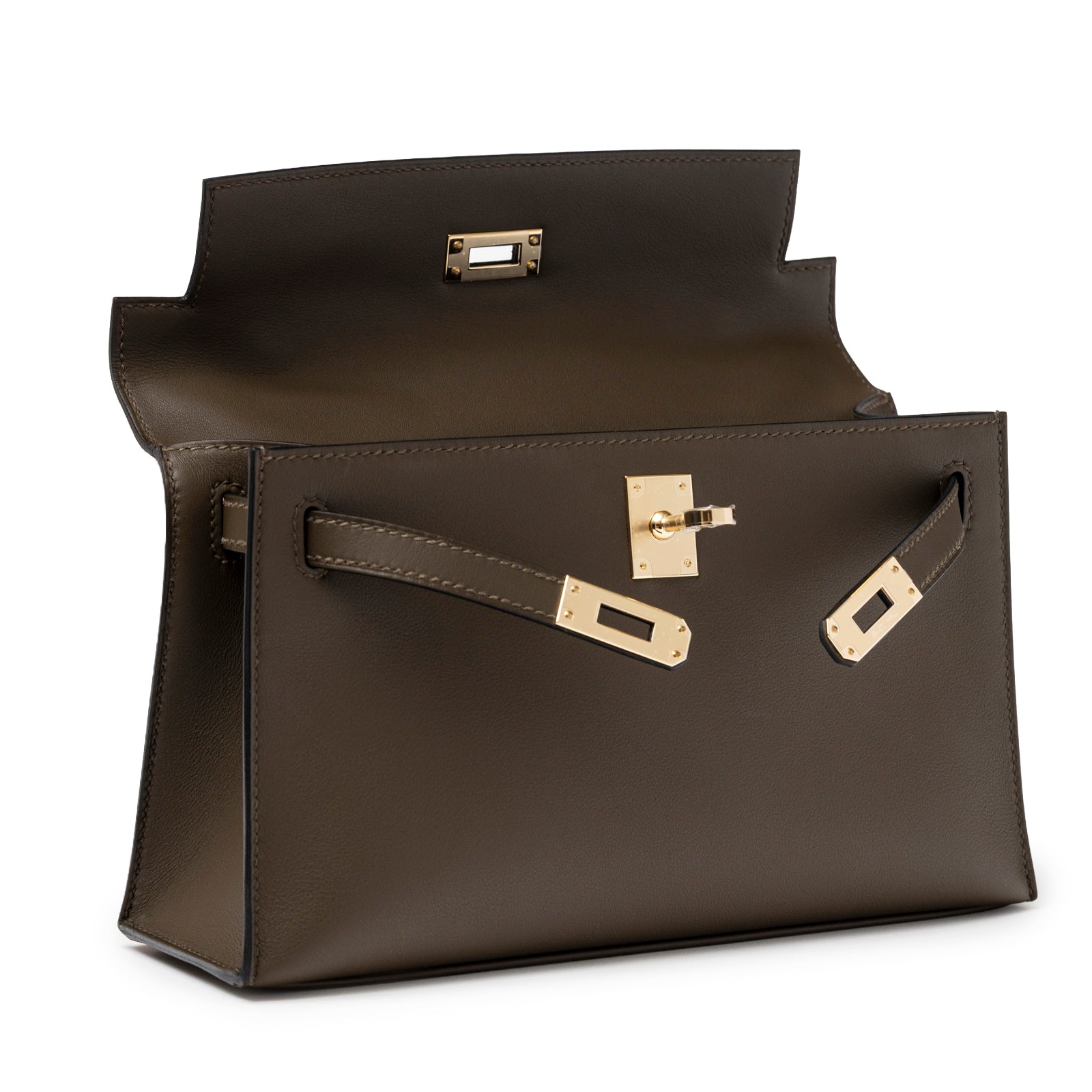 Open view of Hermès Kelly Pochette Vert Loden Swift Permabrass Hardware showing interior and clasp details
