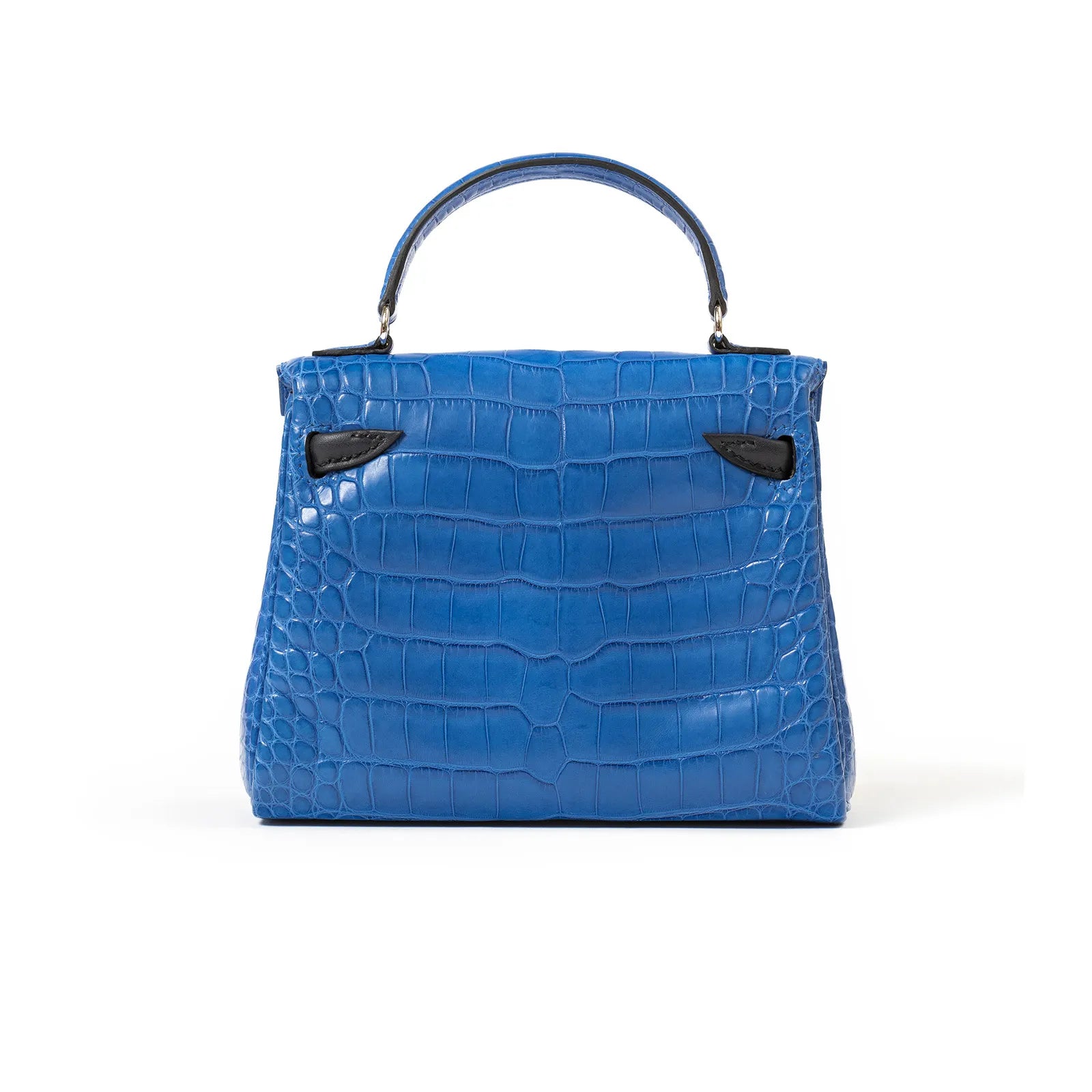 Back view of Hermès Kelly Quelle Idole Doll Bag AB Bleu Zellige/Bleu Indigo Palladium Hardware in textured blue crocodile leather