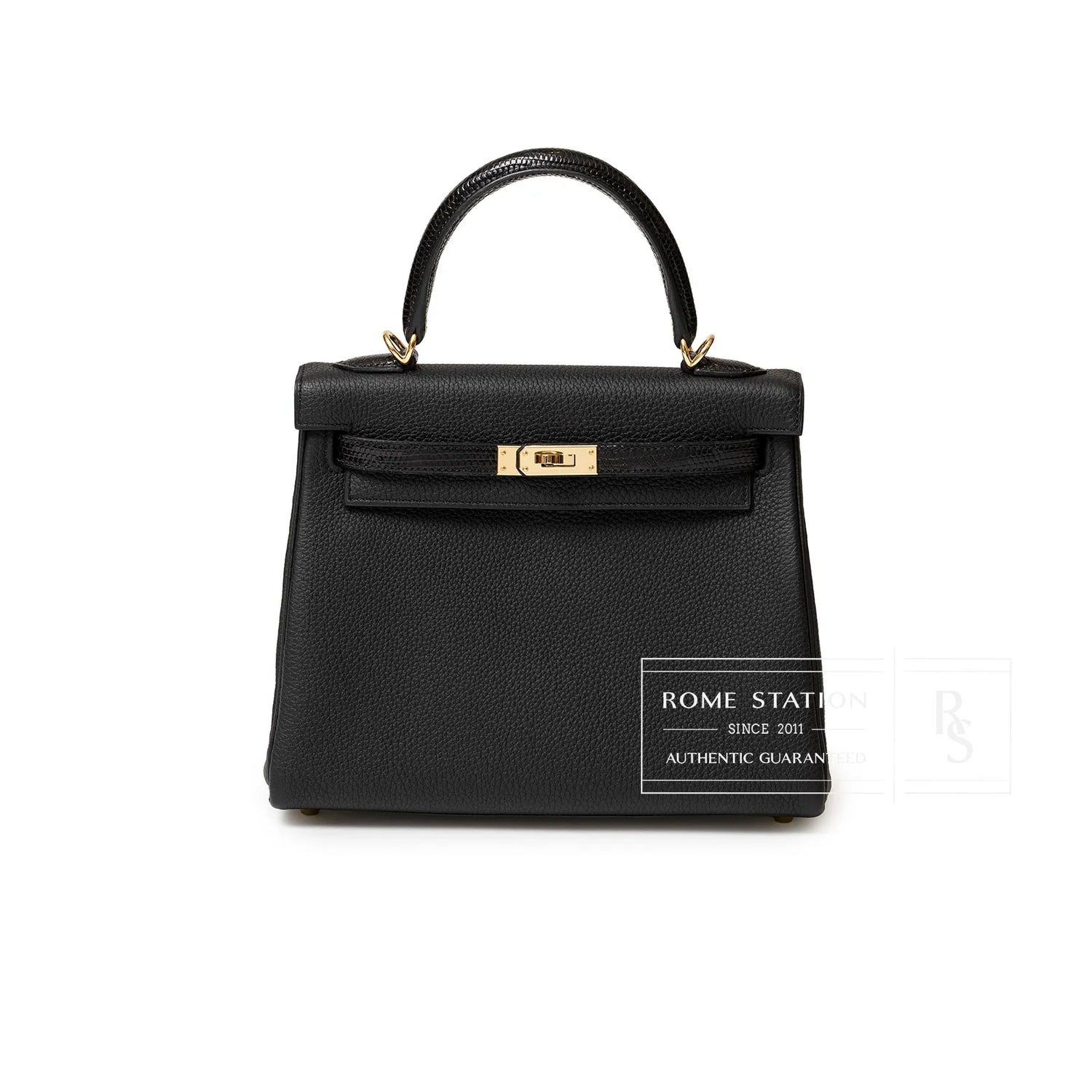 Front view of Hermès Kelly 25 Retourne Black Touch Togo/Lizard Permabrass Hardware