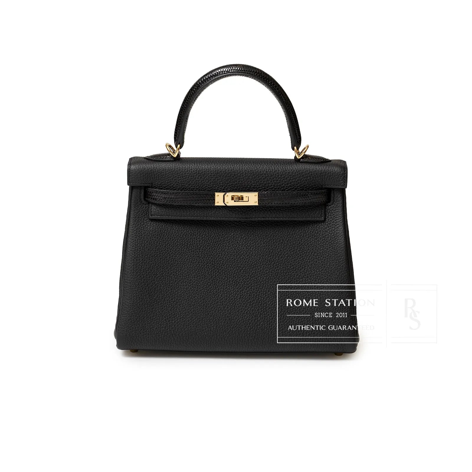Front view of Hermès Kelly 25 Retourne Black Touch Togo/Lizard Permabrass Hardware