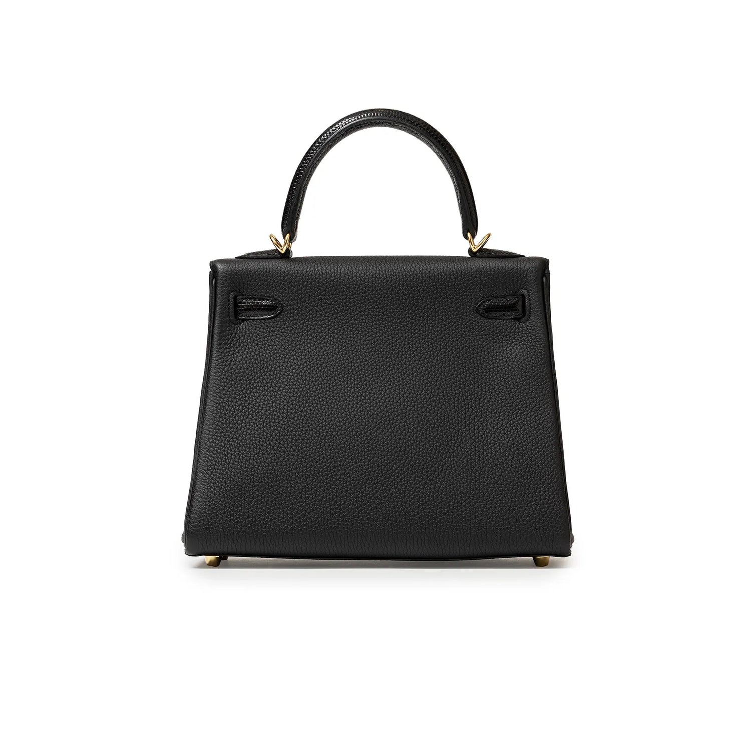 Back view of Hermès Kelly 25 Retourne Black Touch Togo/Lizard Permabrass Hardware handbag with gold hardware and top handle.