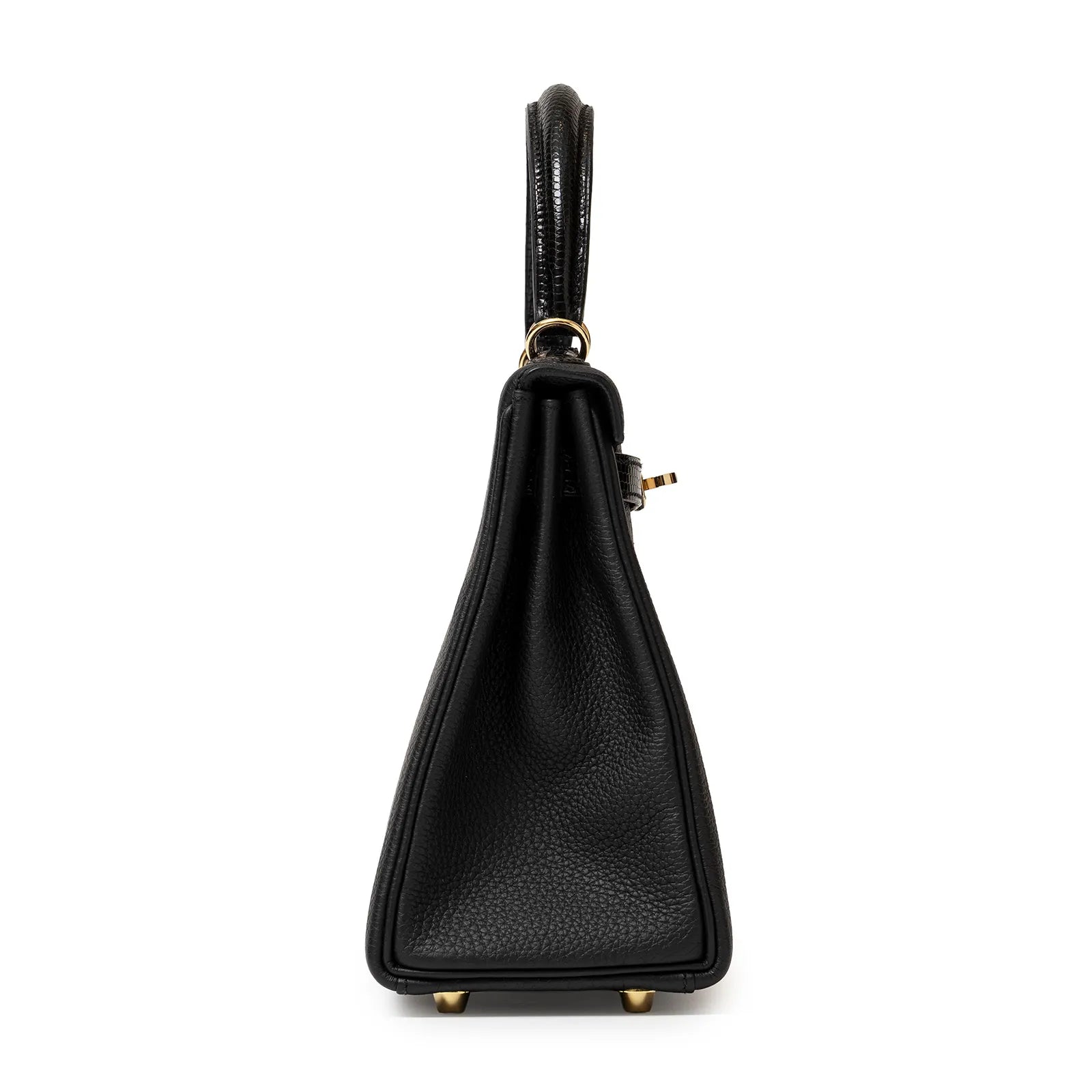 Side view of Hermès Kelly 25 Retourne Black Touch Togo/Lizard Permabrass Hardware handbag with gold hardware and textured finish.