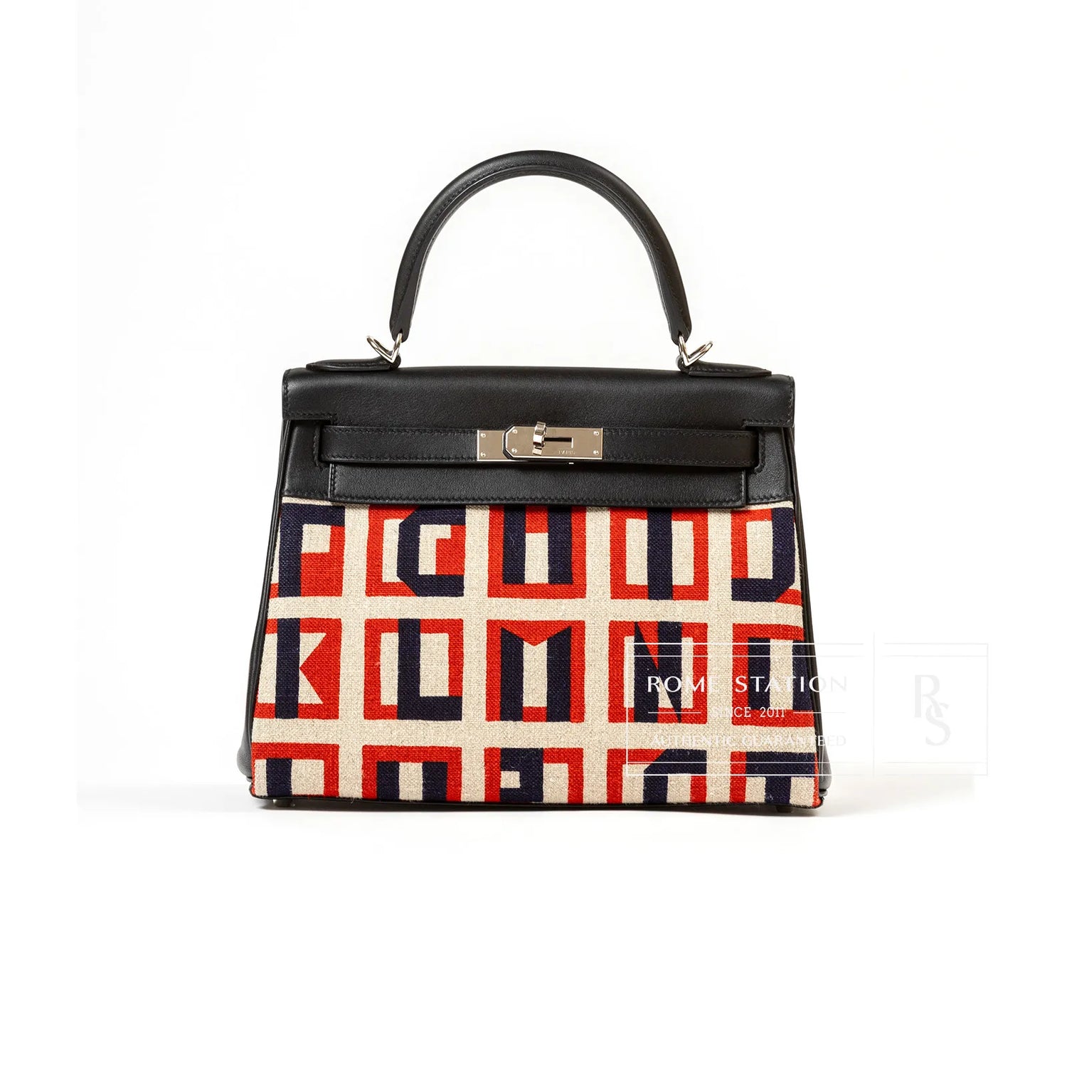 Hermès Kelly 28 Retourne Letter Au Carre Black Toile/Swift Palladium Hardware