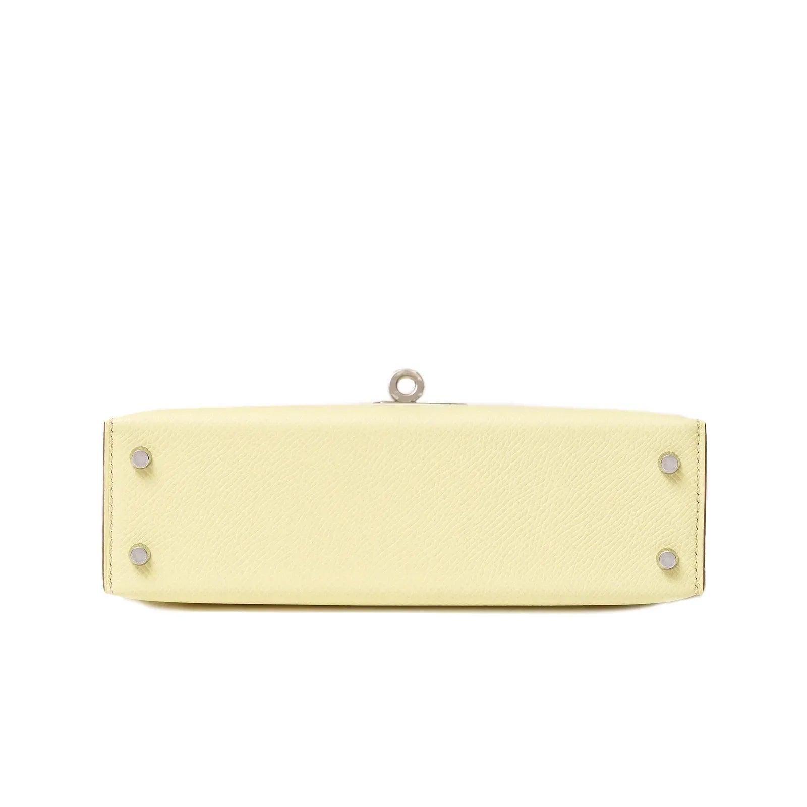 Bottom view of Hermès Mini Kelly II Sellier 20 Jaune Milton Epsom Palladium Hardware showing leather texture and feet details