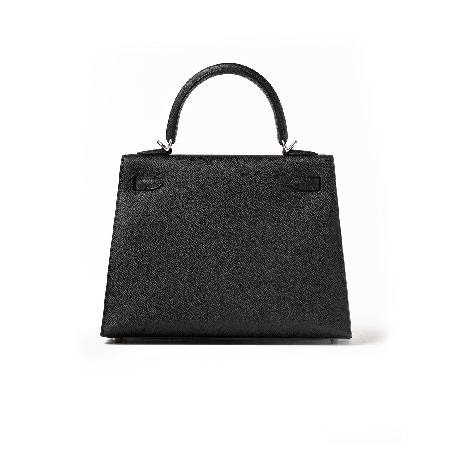 Back view of Hermès Kelly 25 Sellier Black Epsom Palladium Hardware handbag with structured handle and sleek design