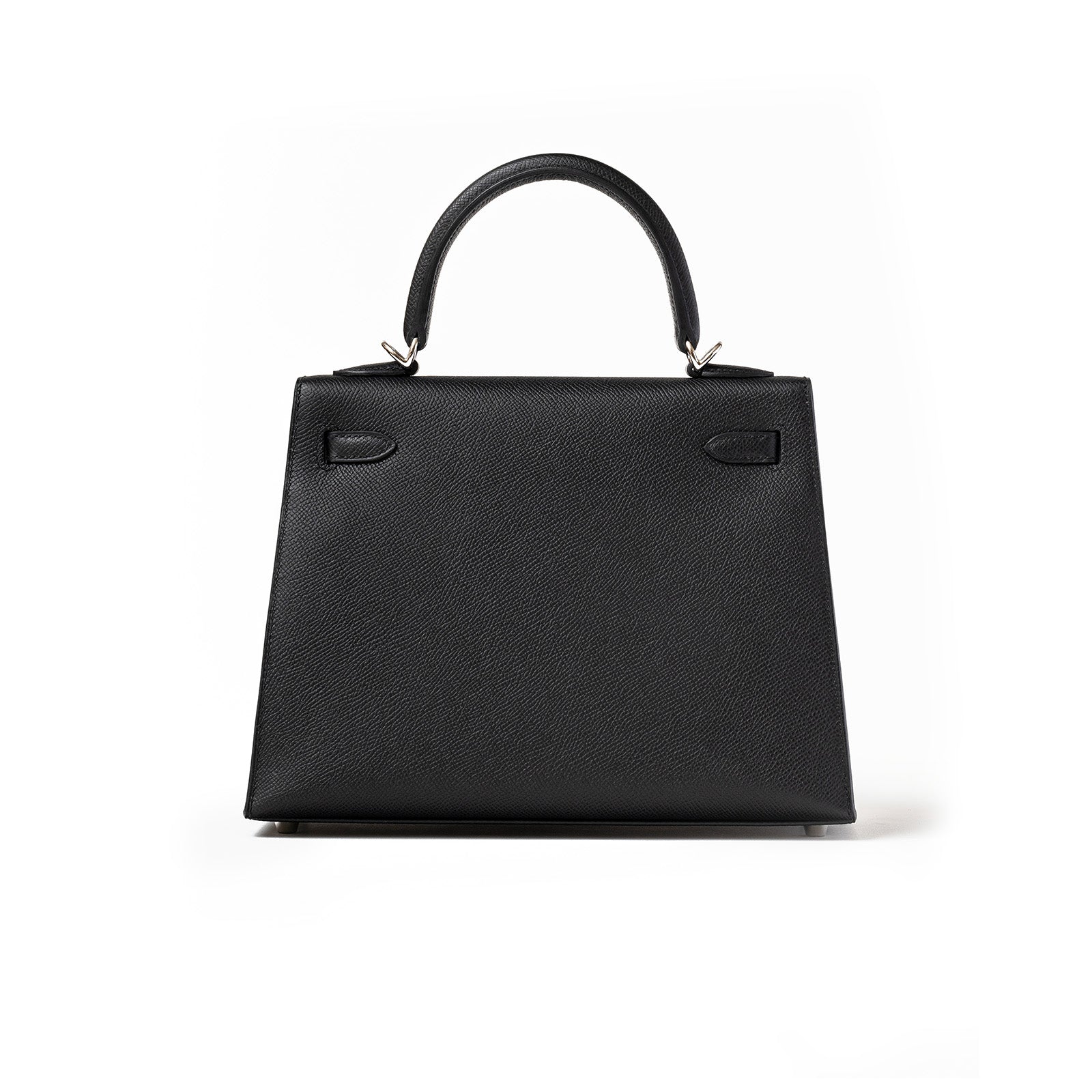 Back view of Hermès Kelly 25 Sellier Black Epsom Palladium Hardware handbag with structured handle and sleek design