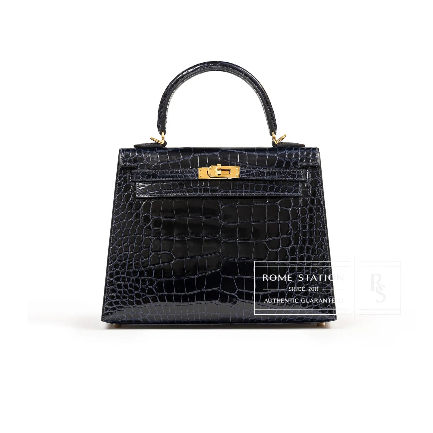 Hermès Kelly 25 Sellier Blue Marine Shiny Alligator Gold Hardware