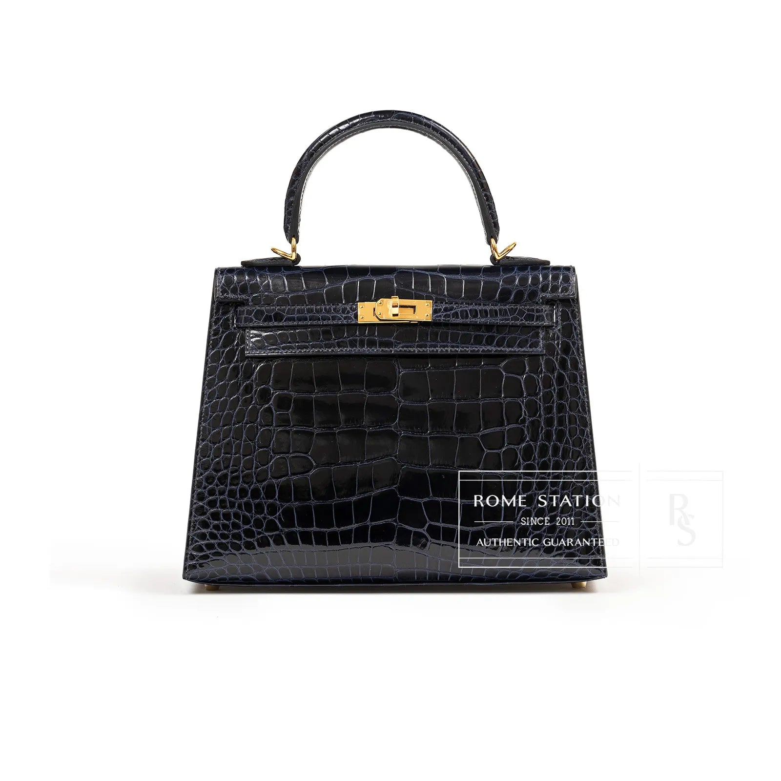 Hermès Kelly 25 Sellier Blue Marine Shiny Alligator Gold Hardware