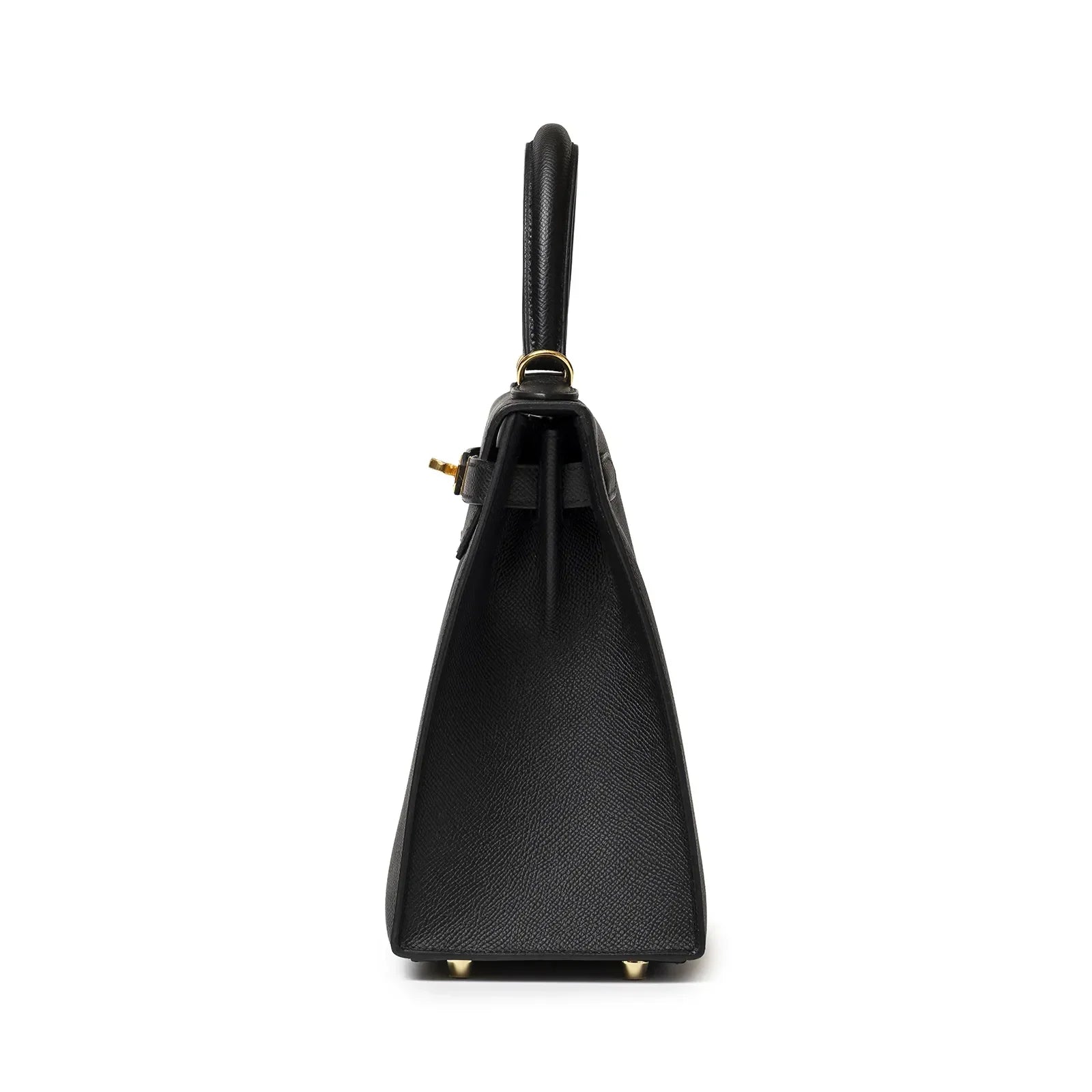 Side view of Hermès Kelly 28 Sellier Black Epsom Gold Hardware showing structured silhouette and handle detail