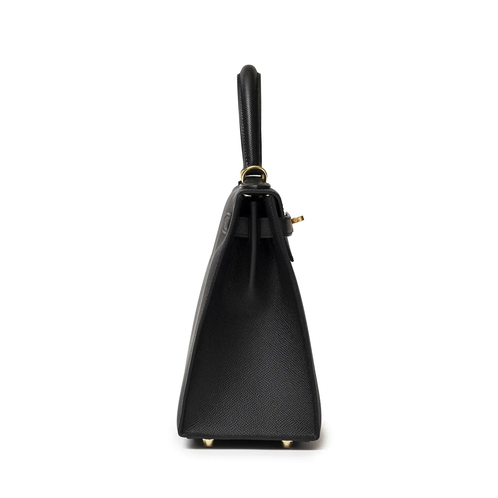 Side profile of Hermès Kelly 28 Sellier Black Epsom Gold Hardware showing structured silhouette and handle details