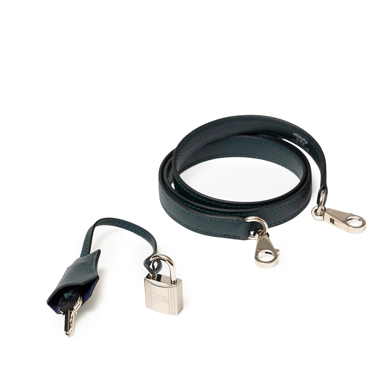 Coiled dark green strap and silver padlock with key set for Hermès Kelly 28 Sellier Lettre H Vert Cypress/Bleu Obscur/Malachite Veau Epsom Palladium Hardware