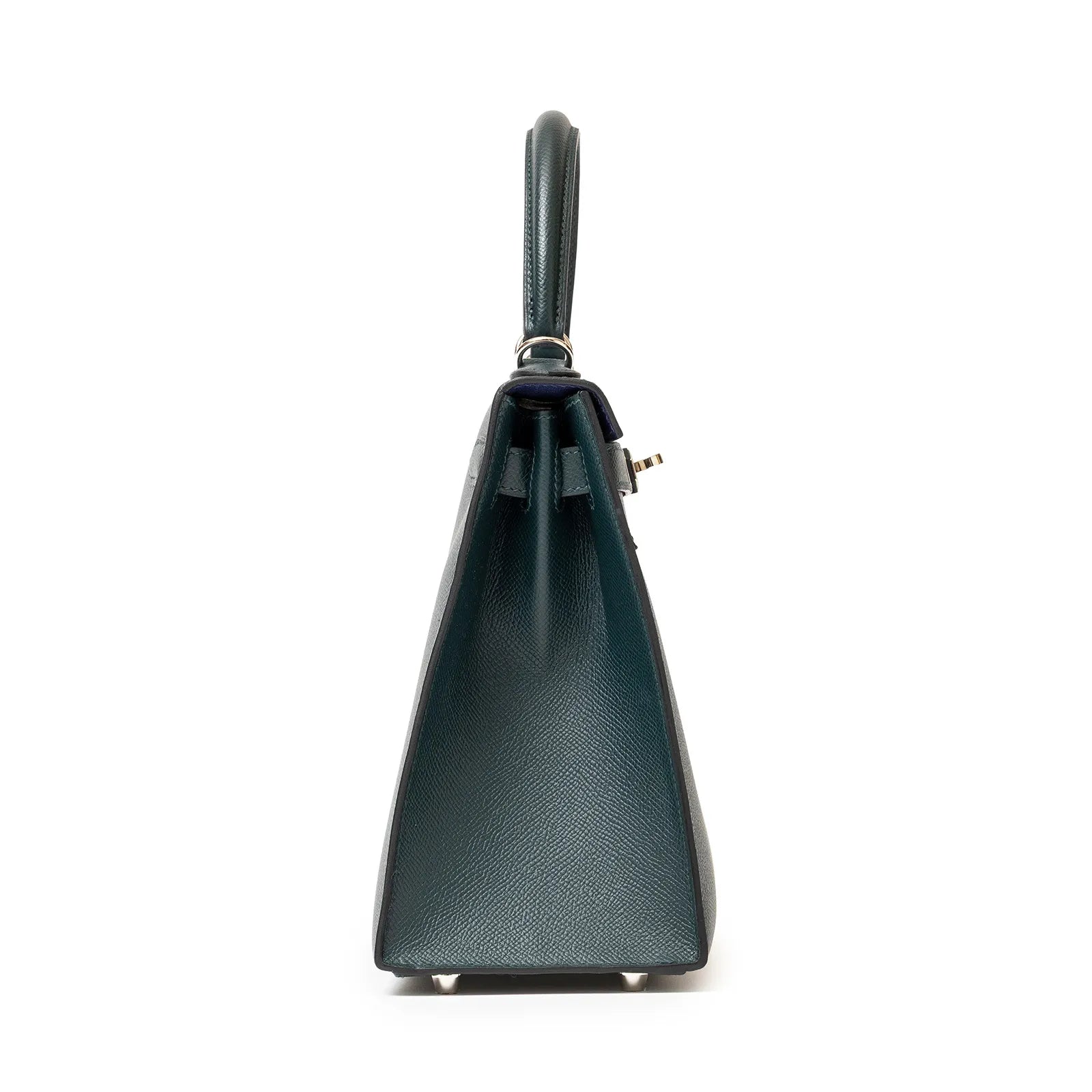Side view of Hermès Kelly 28 Sellier Lettre H Vert Cypress/Bleu Obscur/Malachite Veau Epsom Palladium Hardware showing textured leather and handle details