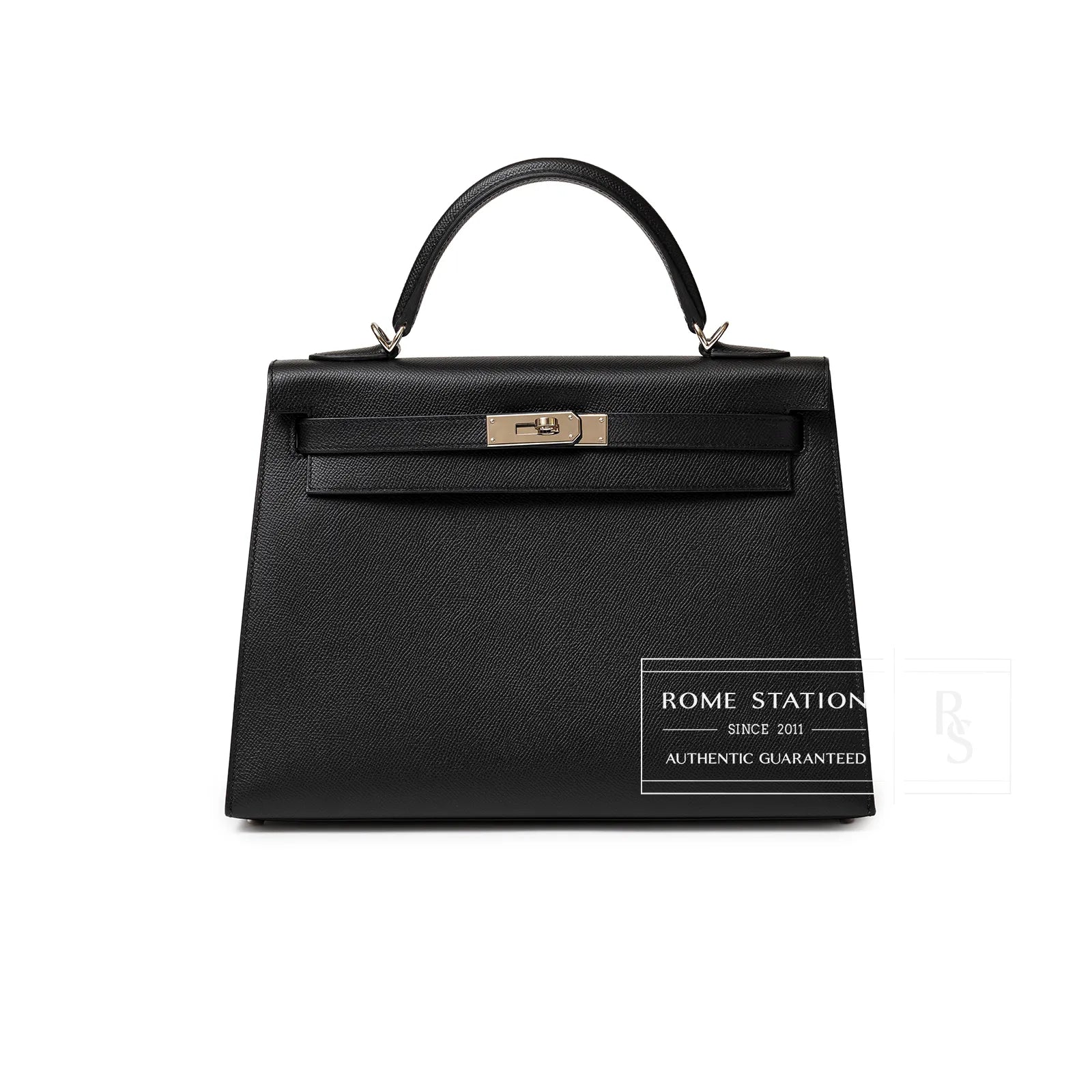 Front view of Hermès Kelly 32 Sellier Black Epsom Palladium Hardware with smooth structured leather and top handle