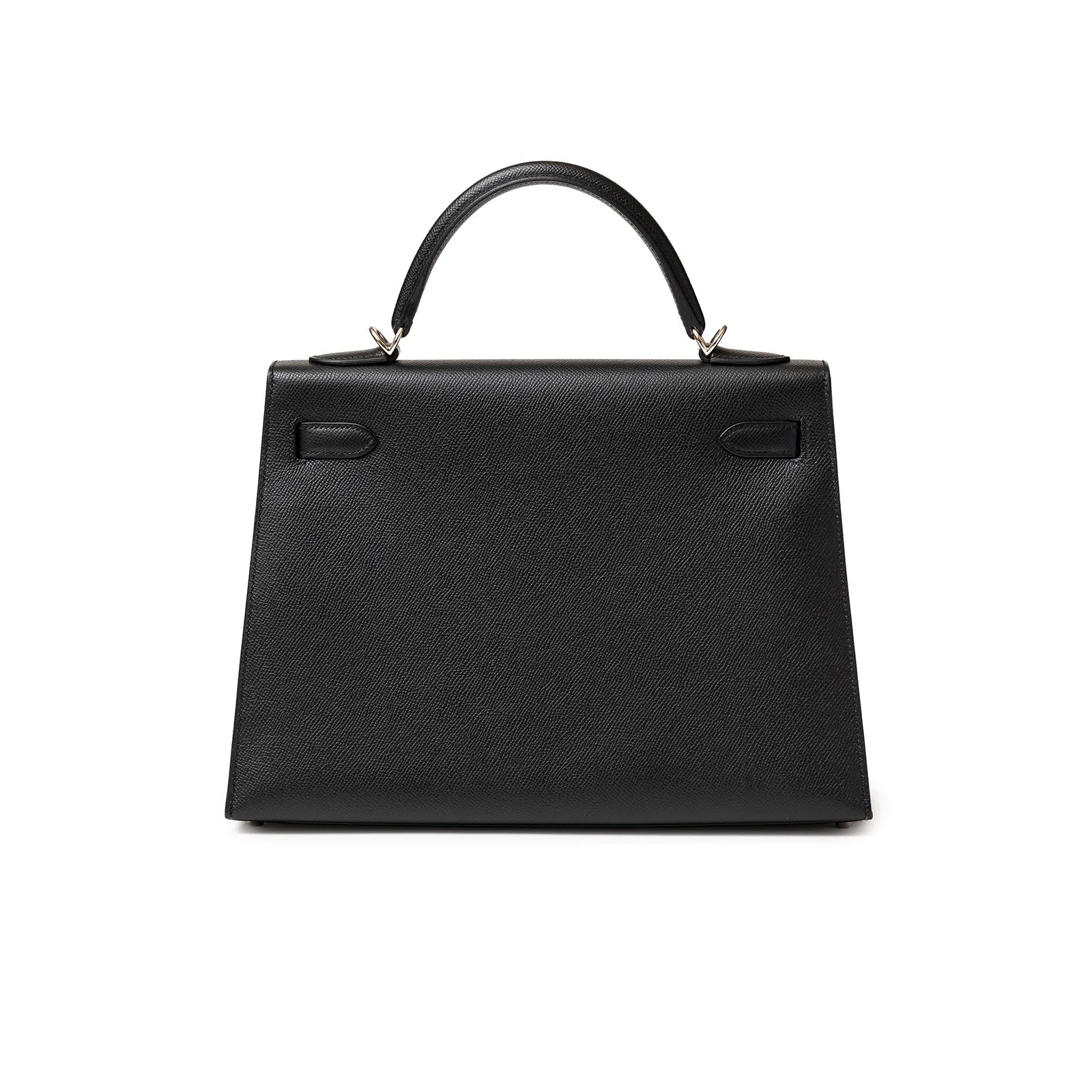 Back view of Hermès Kelly 32 Sellier Black Epsom Palladium Hardware handbag showing smooth leather and handle design
