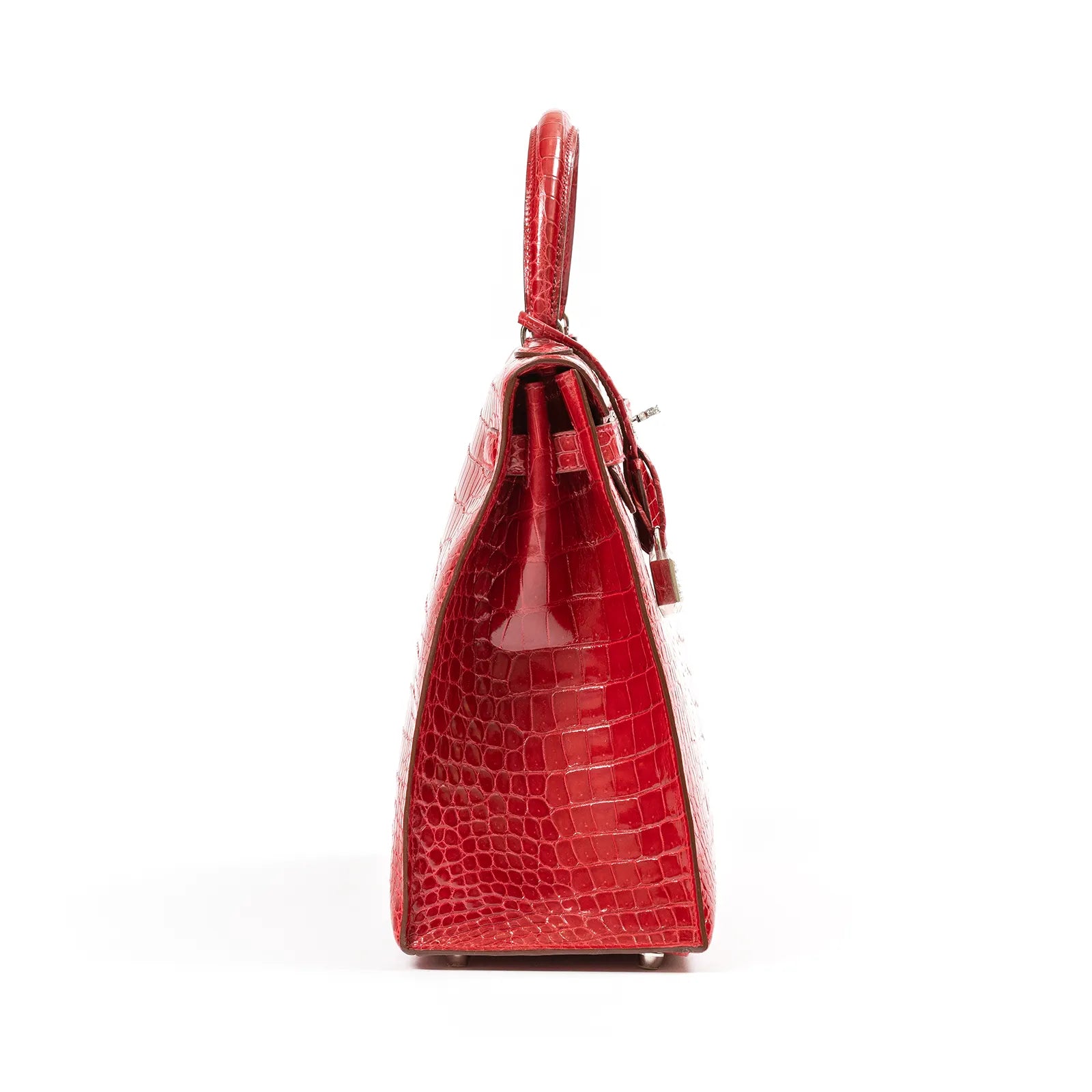 Hermès Kelly 35 Sellier Diamond Rouge Shiny Porosus Crocodile 18K White Gold