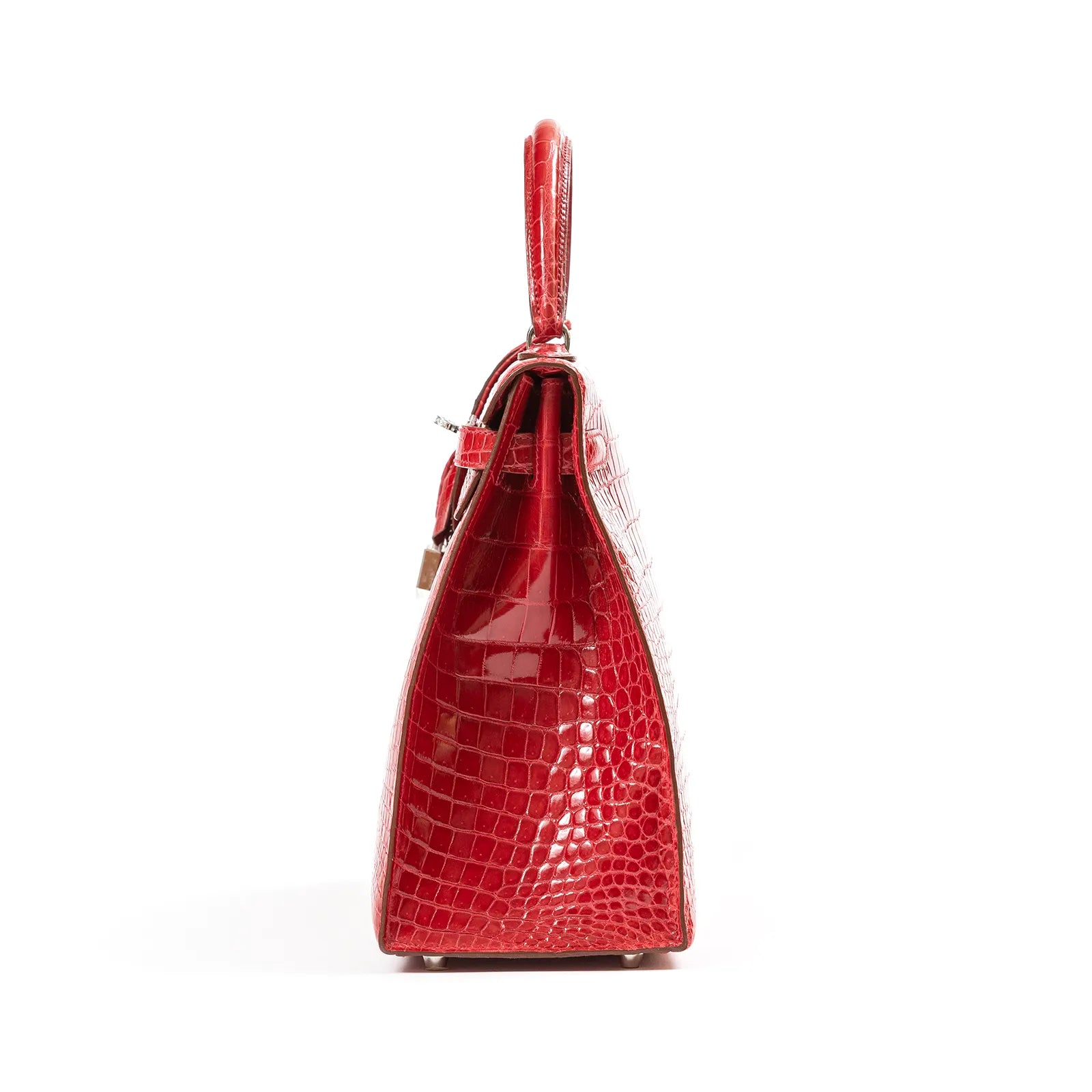 Hermès Kelly 35 Sellier Diamond Rouge Shiny Porosus Crocodile 18K White Gold