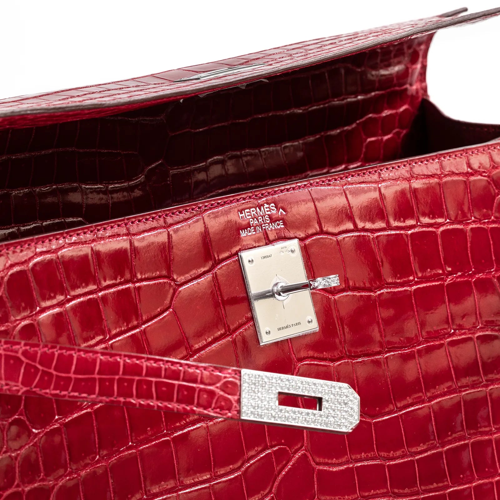 Hermès Kelly 35 Sellier Diamond Rouge Shiny Porosus Crocodile 18K White Gold