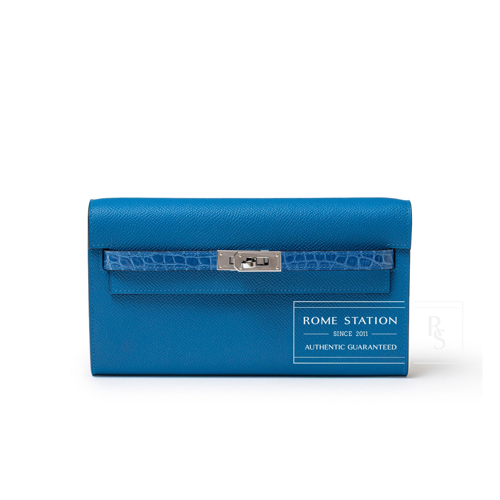 Hermès Kelly To Go Touch Blue Shiny Alligator/Epsom Palladium Hardware - Front