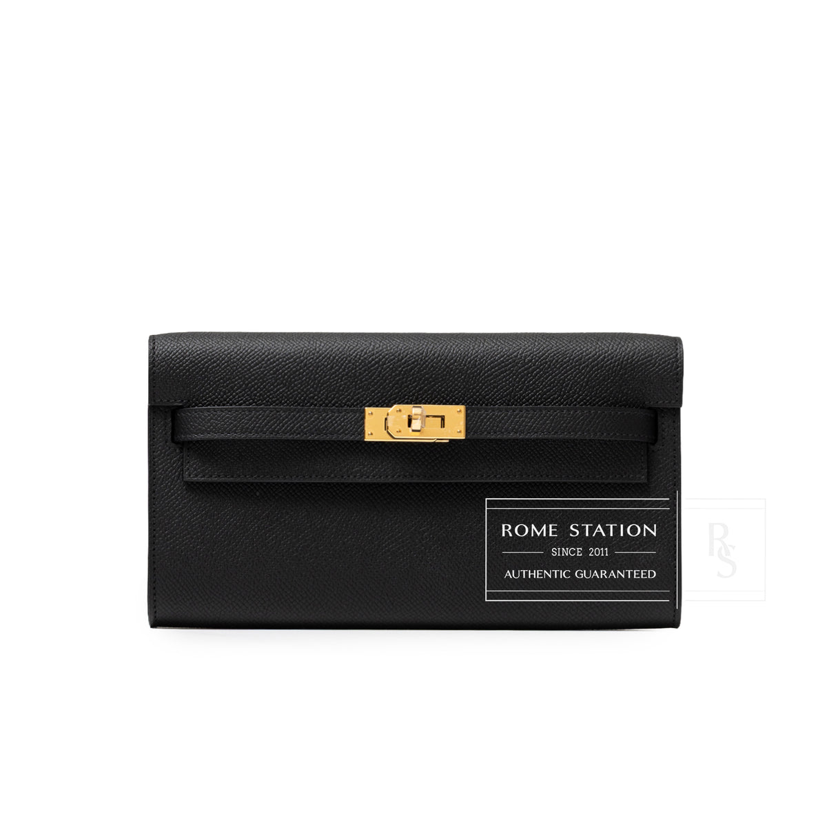 Hermès Kelly To Go Wallet Black Epsom Gold Hardware front view with turn-lock clasp