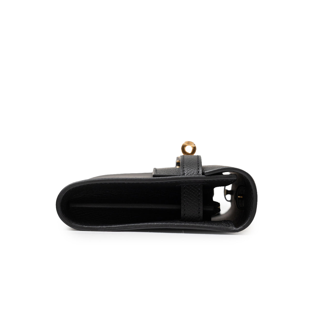Hermès Kelly To Go Wallet Black Epsom Gold Hardware side profile with clasp detail