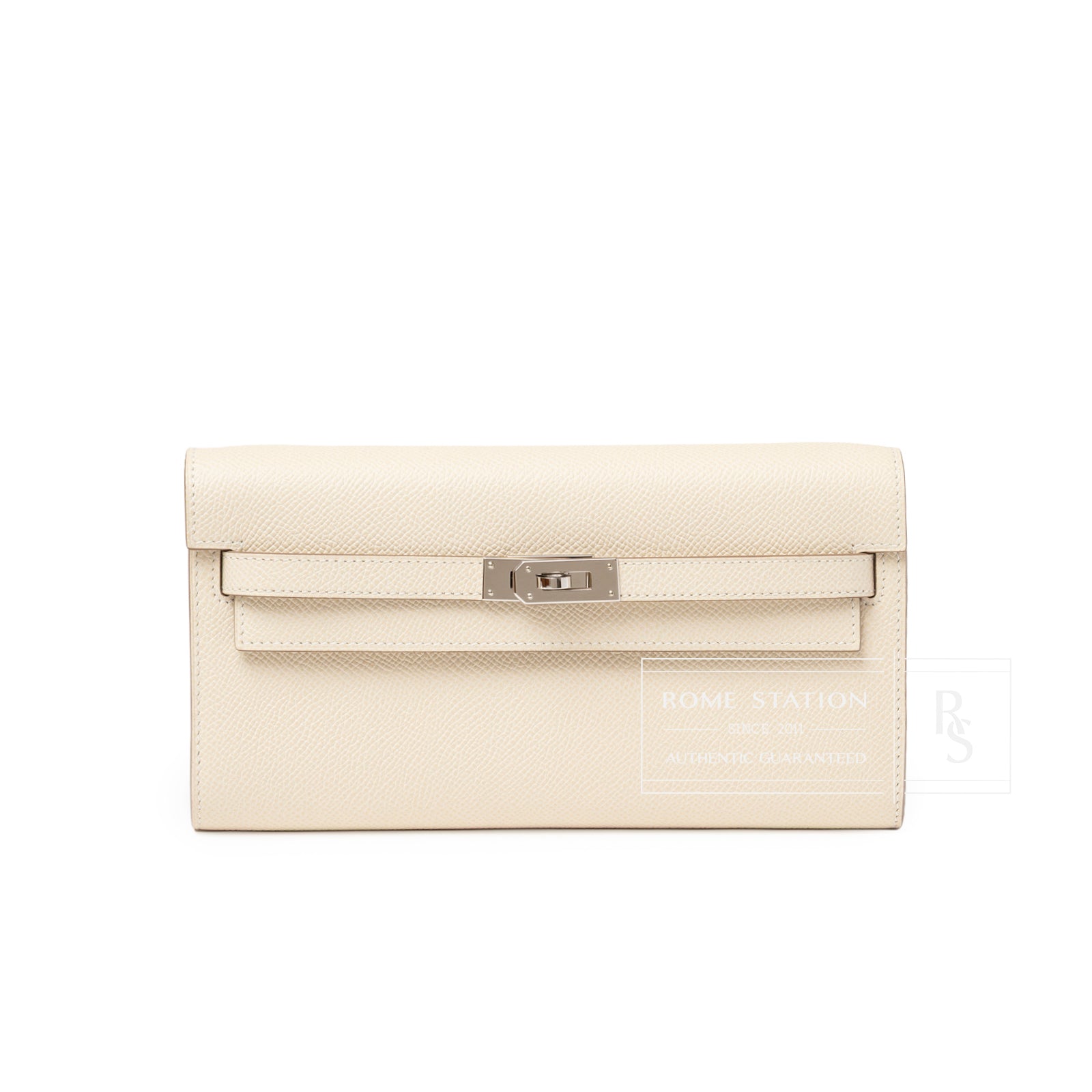 Front view of Hermès Kelly To Go Wallet Craie Epsom Palladium Hardware showing smooth textured leather and clasp detail