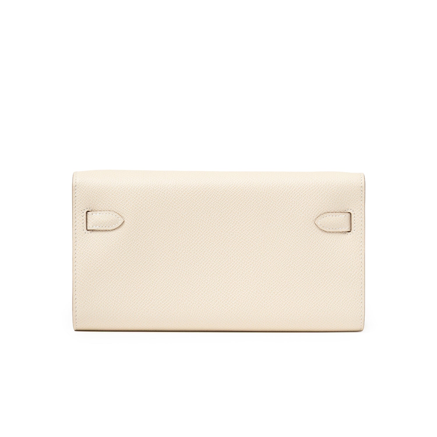 Back view of Hermès Kelly To Go Wallet Craie Epsom Palladium Hardware showing textured leather and strap ends detail