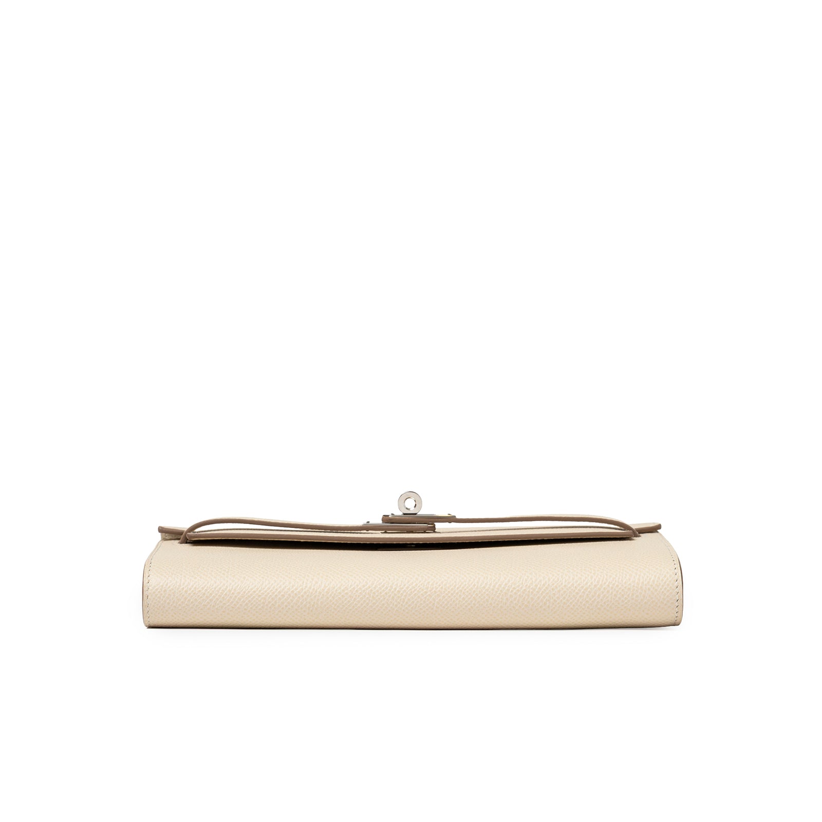 Low profile side view of Hermès Kelly To Go Wallet Craie Epsom Palladium Hardware showing slim folded leather edge.