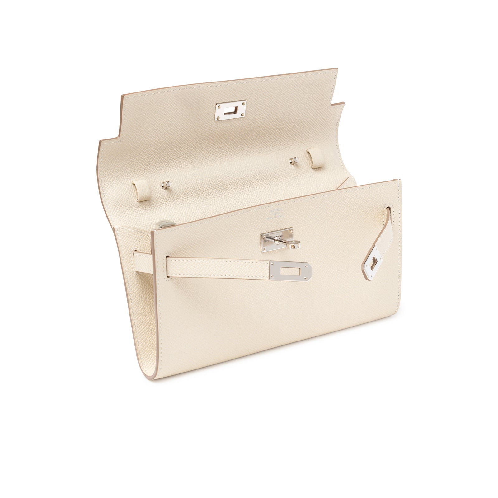 Open view of Hermès Kelly To Go Wallet Craie Epsom Palladium Hardware showing interior leather and clasp detail