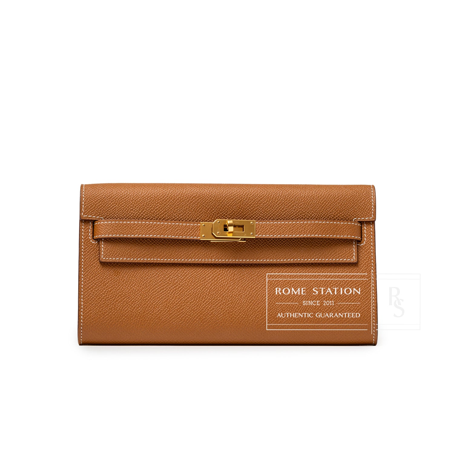 Front view of Hermès Kelly Wallet To Go Gold Epsom Gold Hardware showing smooth grain and gold clasp detail