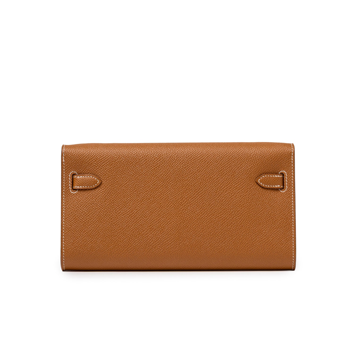 Back view of Hermès Kelly Wallet To Go Gold Epsom Gold Hardware showing textured leather and stitching detail