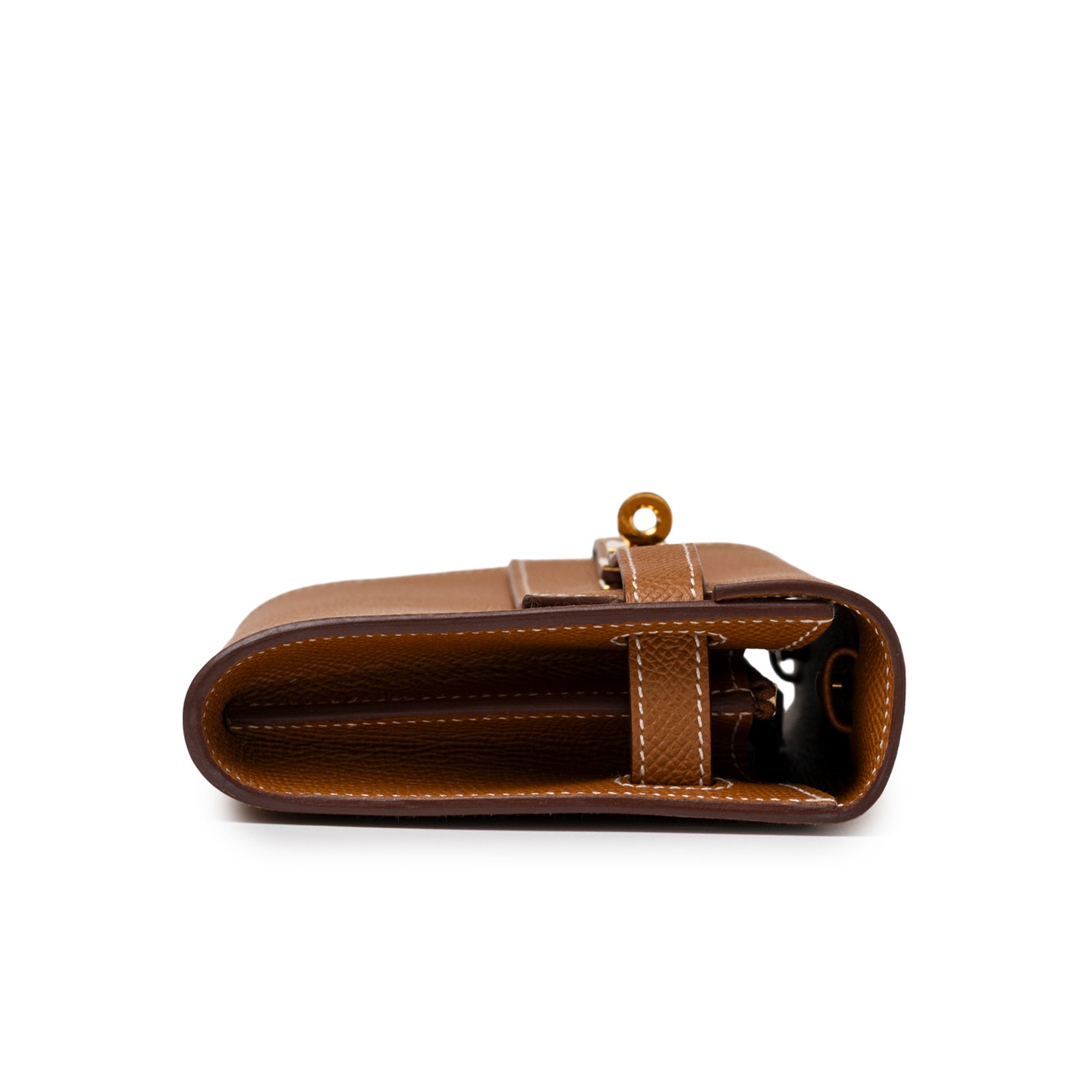 Side view of Hermès Kelly Wallet To Go Gold Epsom Gold Hardware showing leather texture and stitching detail