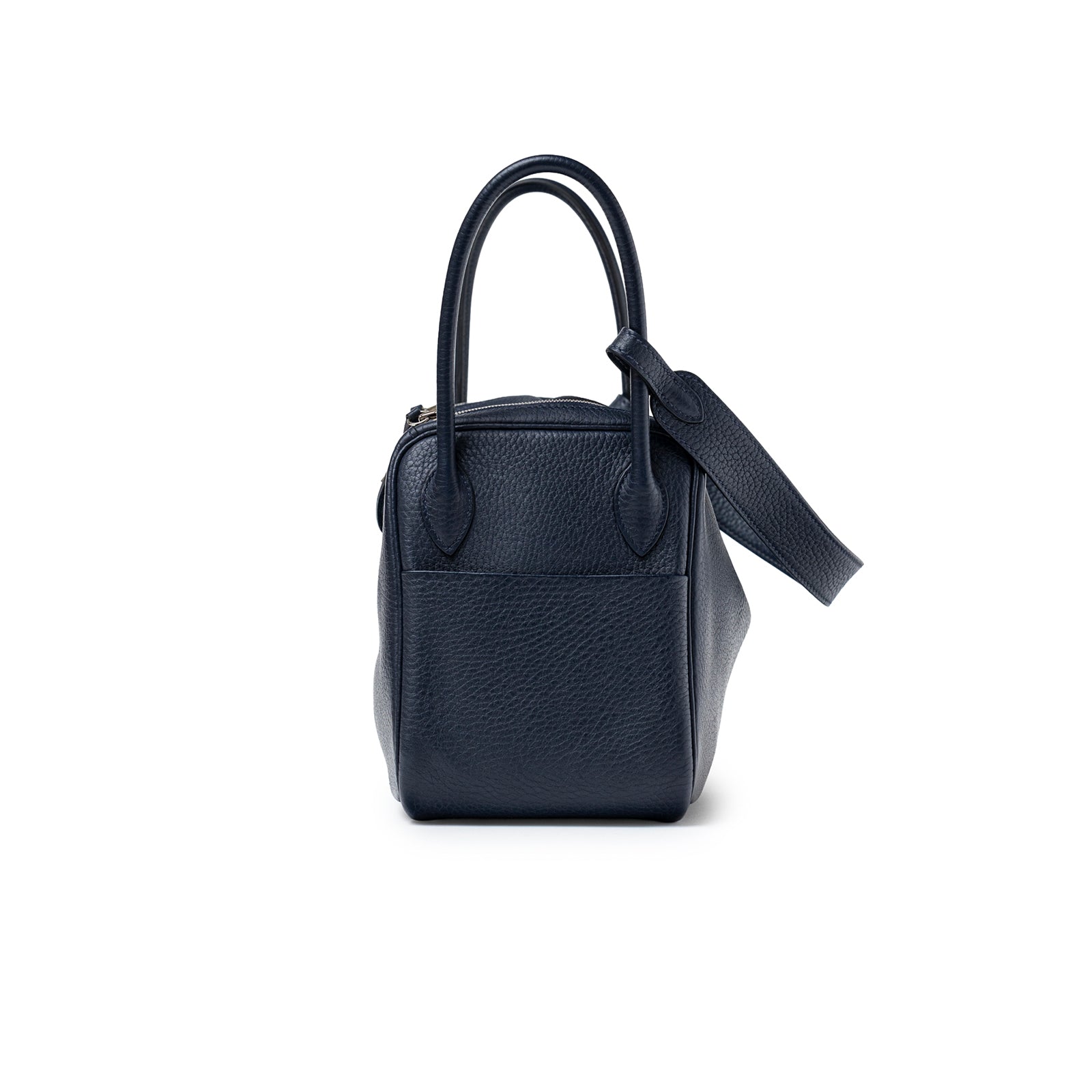 Back view of Hermès Lindy 26 Blue Nuit Clemence Palladium Hardware showing pebble leather and handles