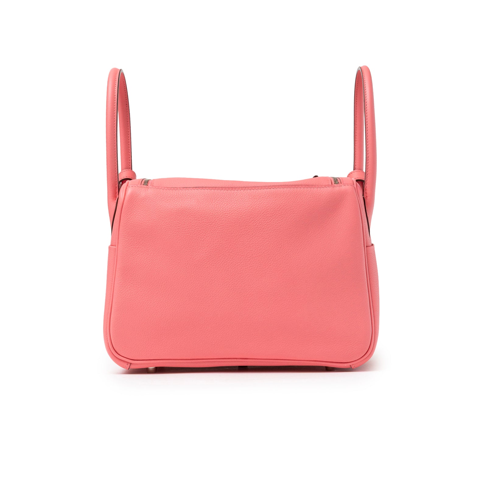 Back view of Hermès Lindy 26 Rose Azelee Evercolor Palladium Hardware leather handbag with dual handles