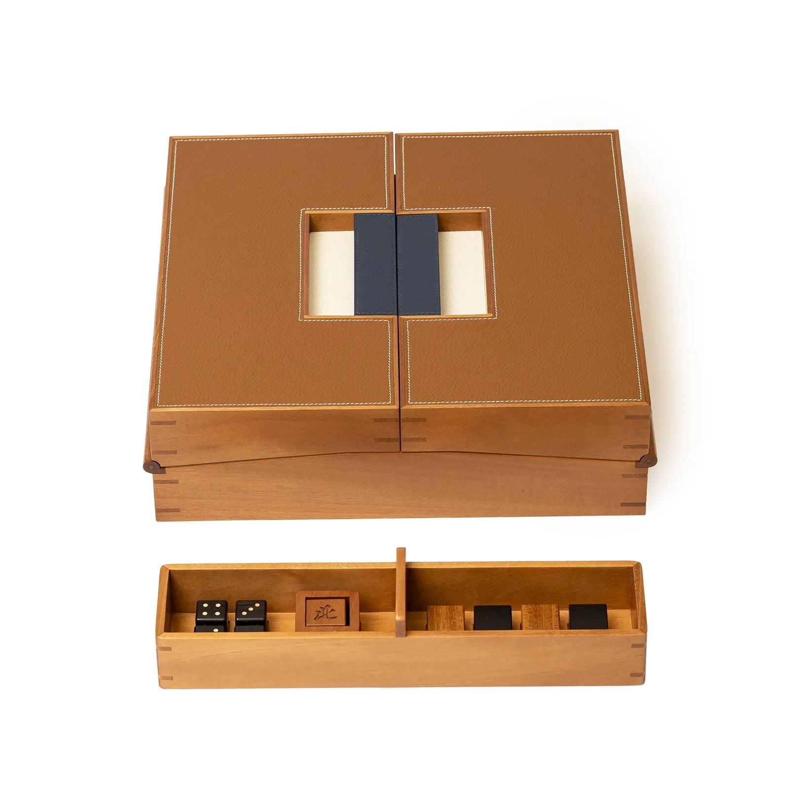 Hermès Macao Mah-Jong game Set Solid Natural Mahogany Fauve/Blue