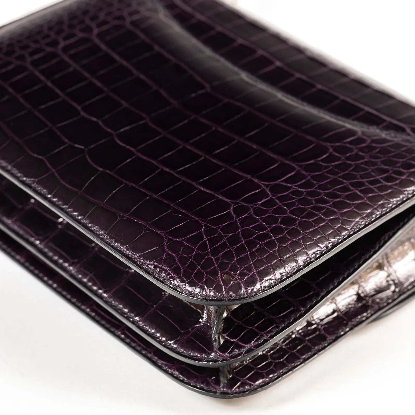 Hermès Mini Constance 18 Aubergine Purple Shiny Alligator Palladium Hardware