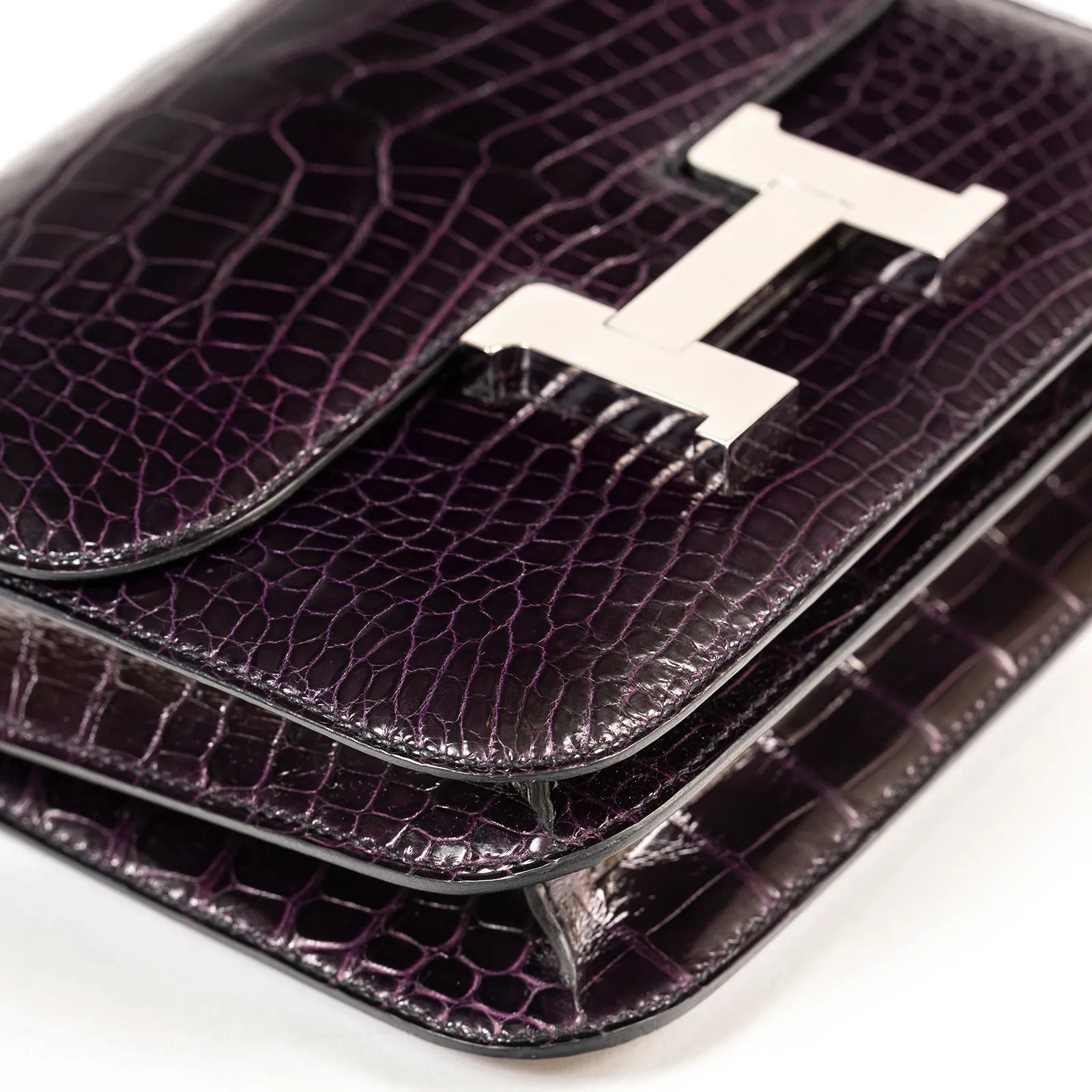 Hermès Mini Constance 18 Aubergine Purple Shiny Alligator Palladium Hardware