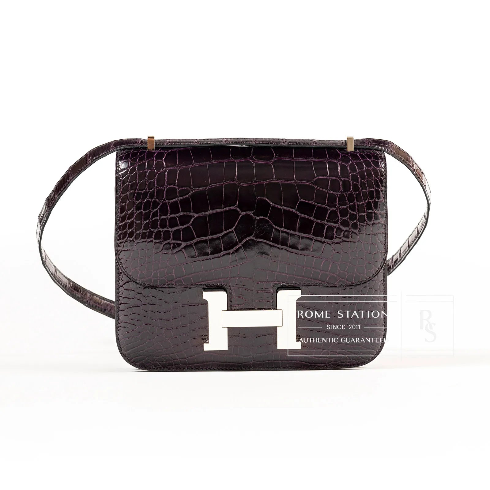 Hermès Mini Constance 18 Aubergine Purple Shiny Alligator Palladium Hardware