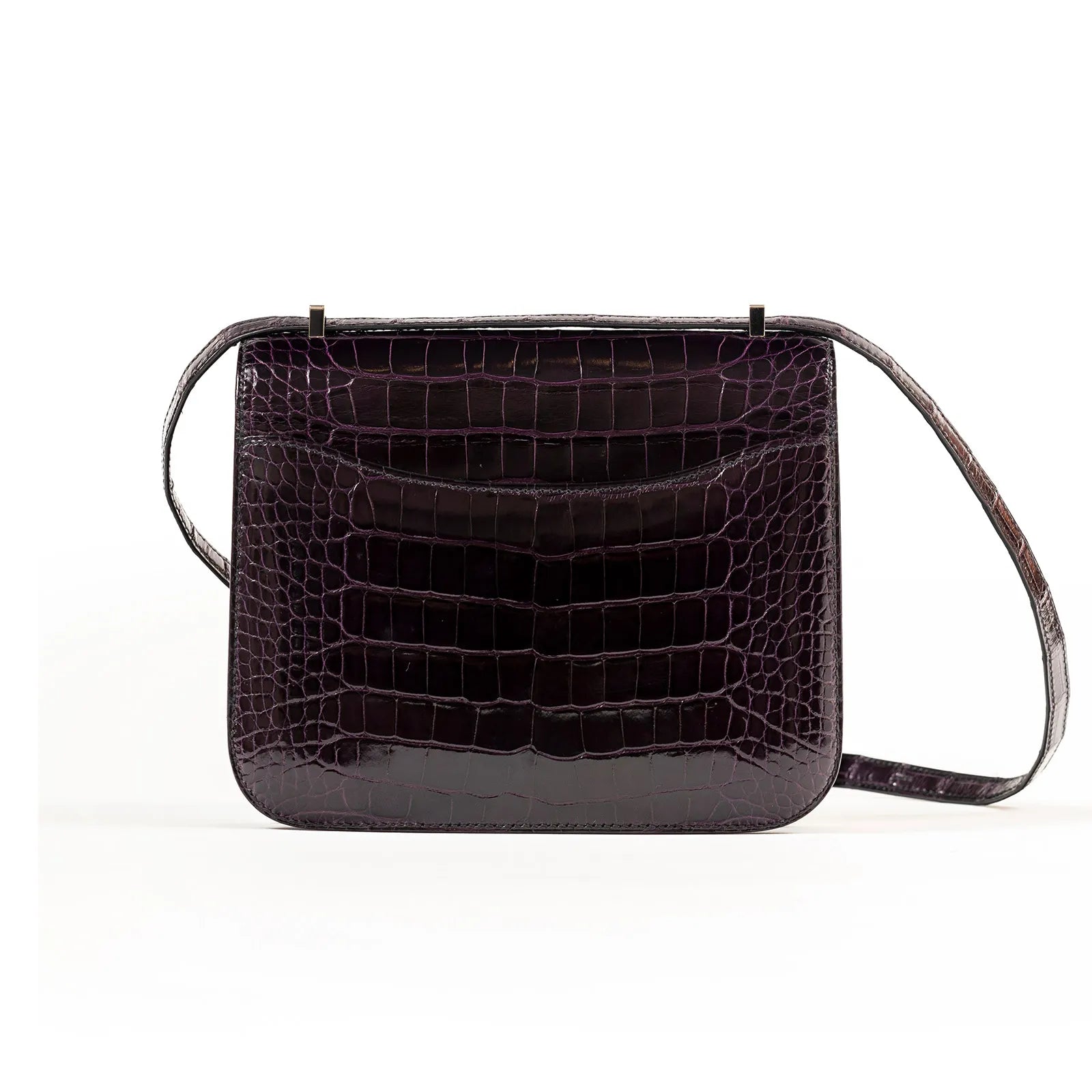 Hermès Mini Constance 18 Aubergine Purple Shiny Alligator Palladium Hardware