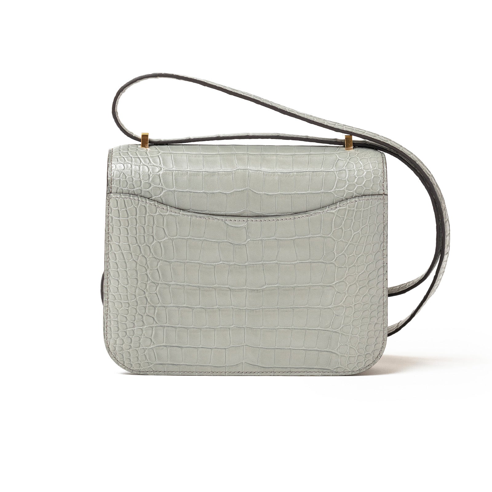 Back view of Hermès Mini Constance 18 Gris Ciment Matte Alligator Gold Hardware with adjustable strap visible