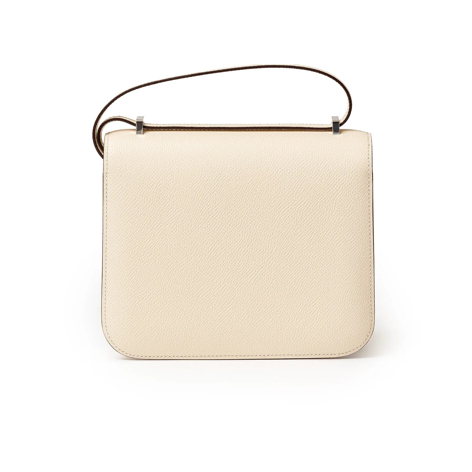 Back view of Hermès Mini Constance 18 Nata Epsom Palladium Hardware with smooth leather and single strap